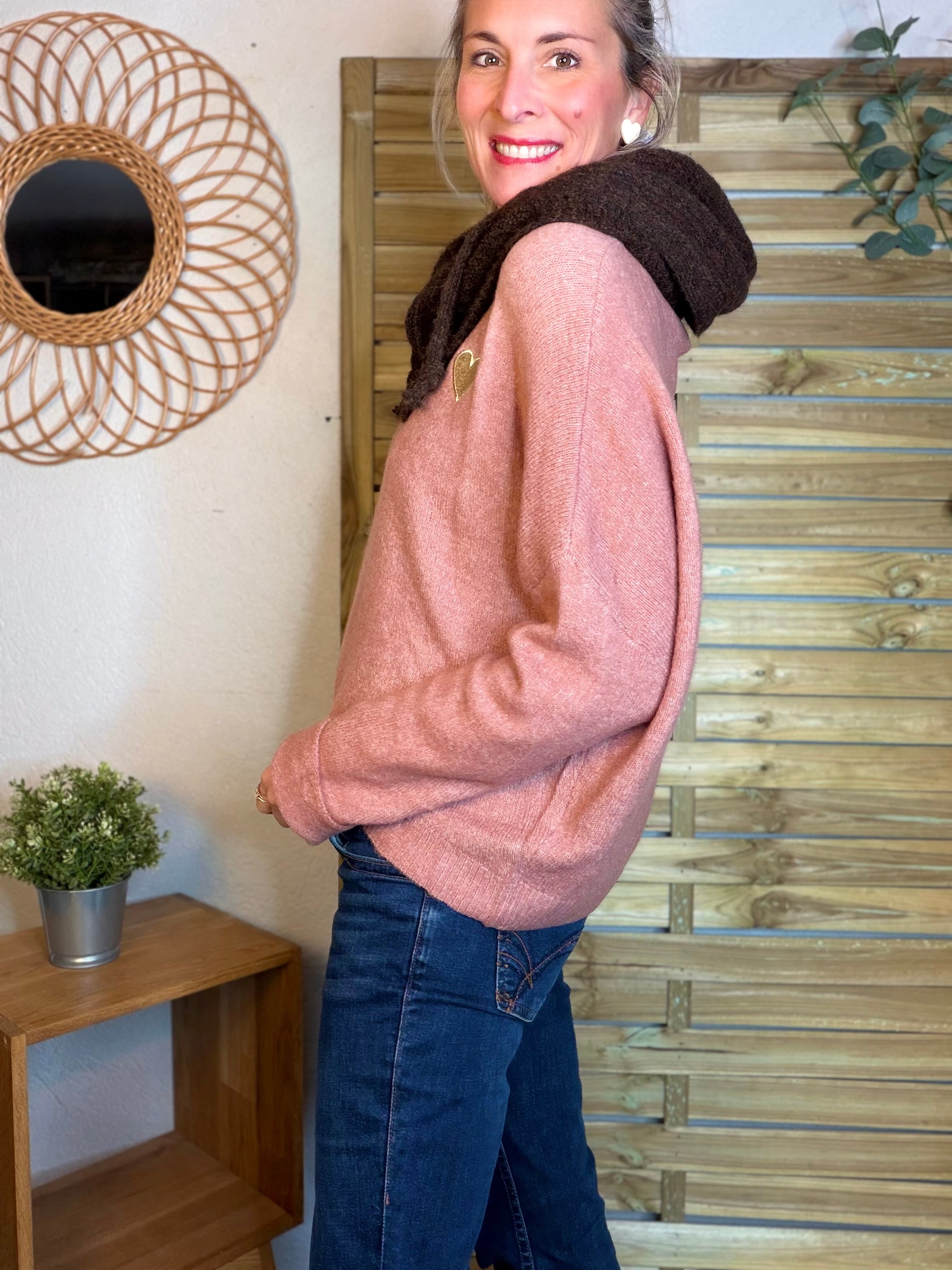 Pull léger en maille cœur doré brodé 💛 MELISSA - Vieux rose