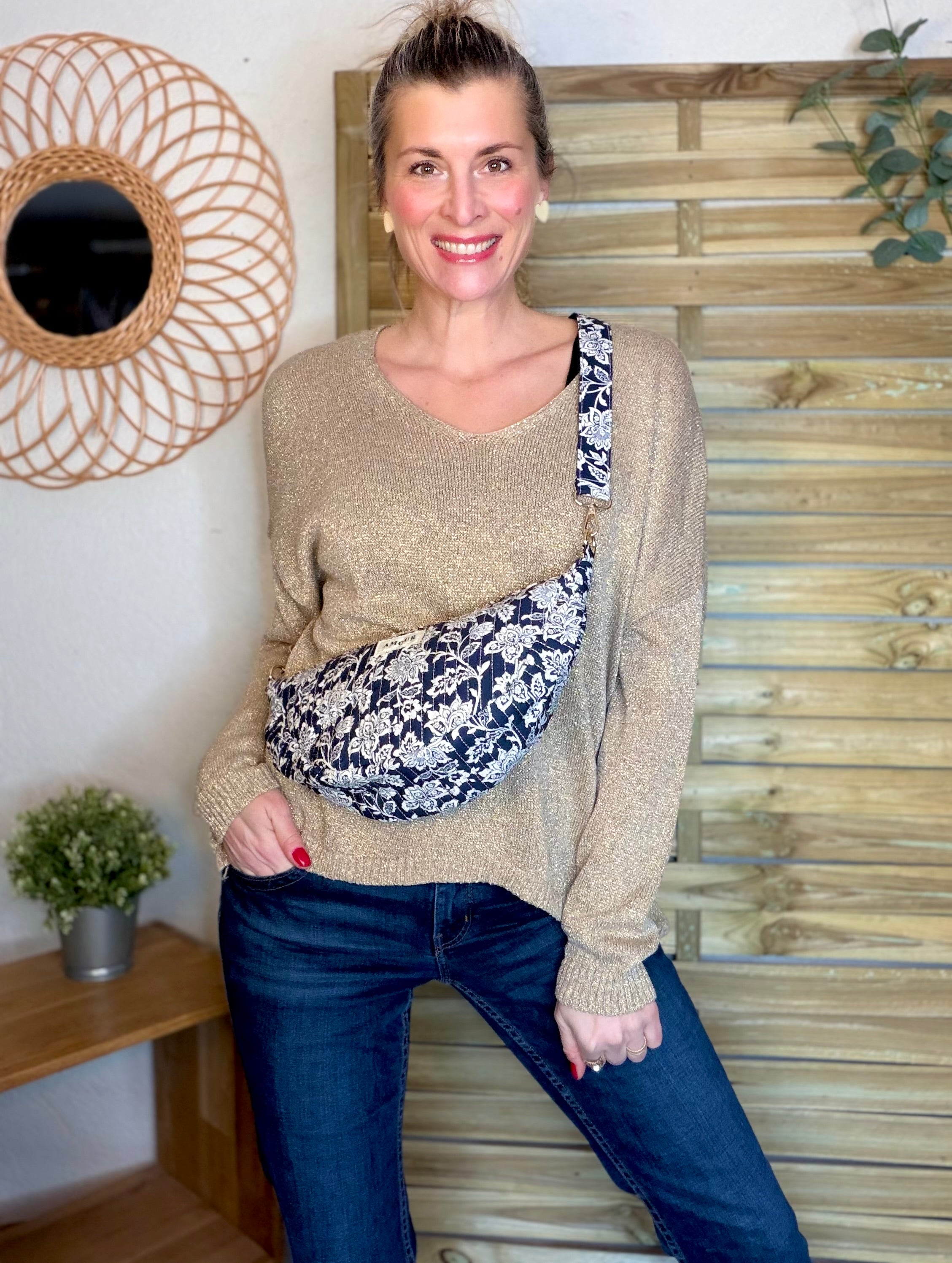 Sac demi-lune matelassé Amour JILL - Fleuri Marine