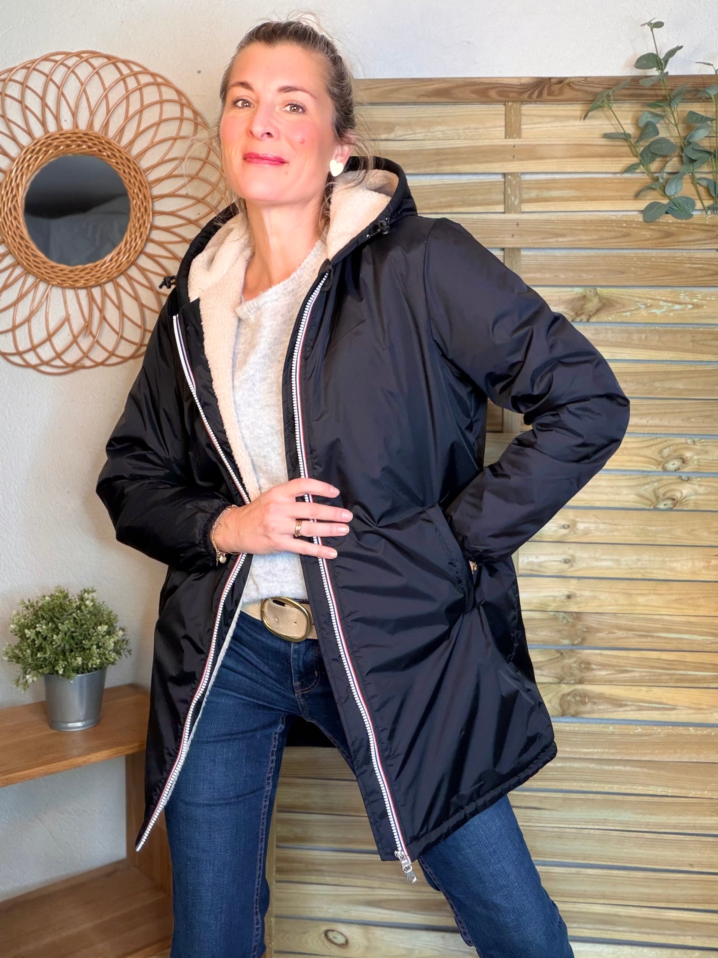 Parka Imperméable LOUISE LONG Sherpa écru - Noir - LAURA JO
