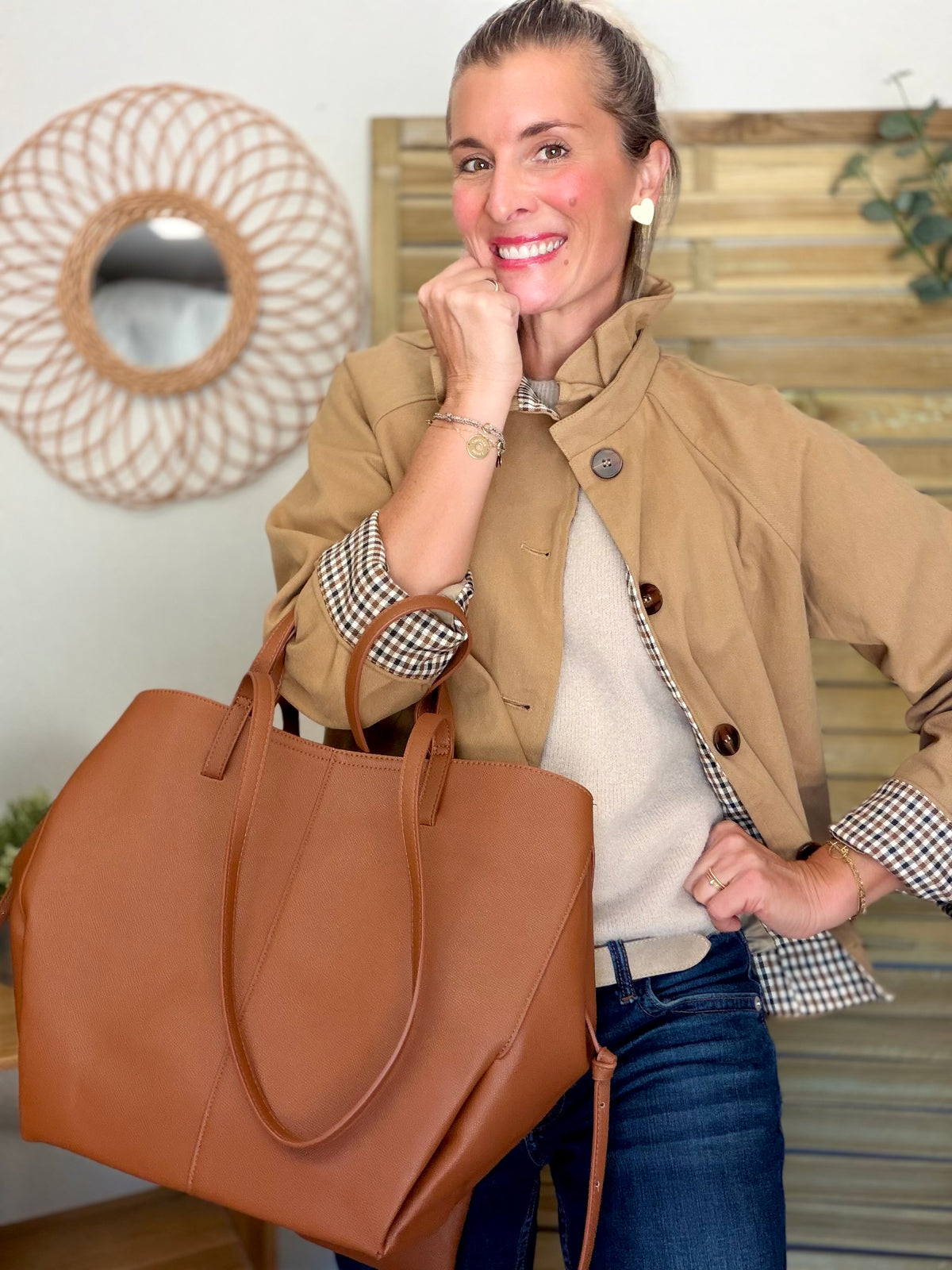 Grand Sac cabas 2 en 1 en simili cuir grainé - PAULE Camel grainé