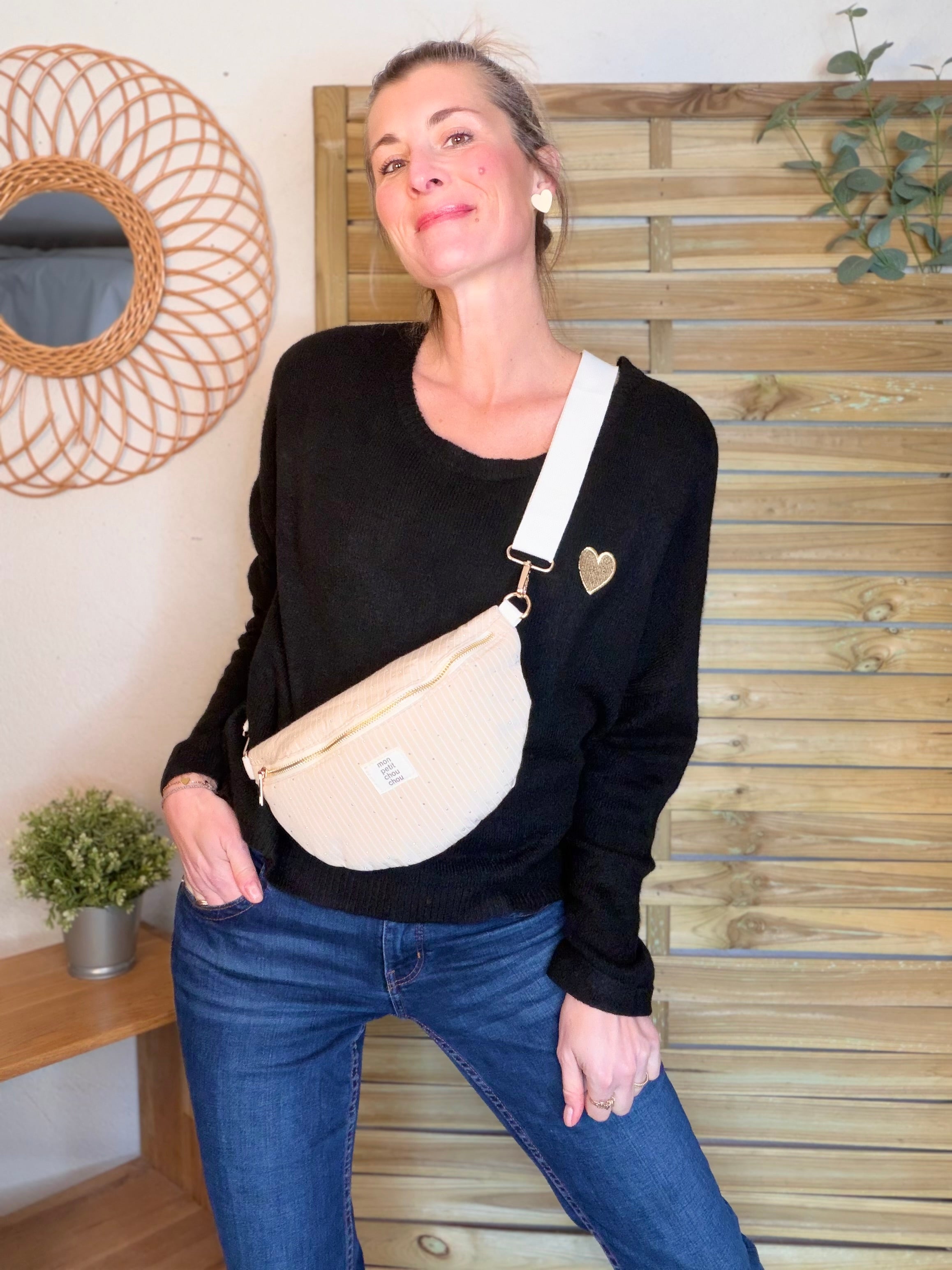 Sac banane avec strass BONNIE - Rayée beige