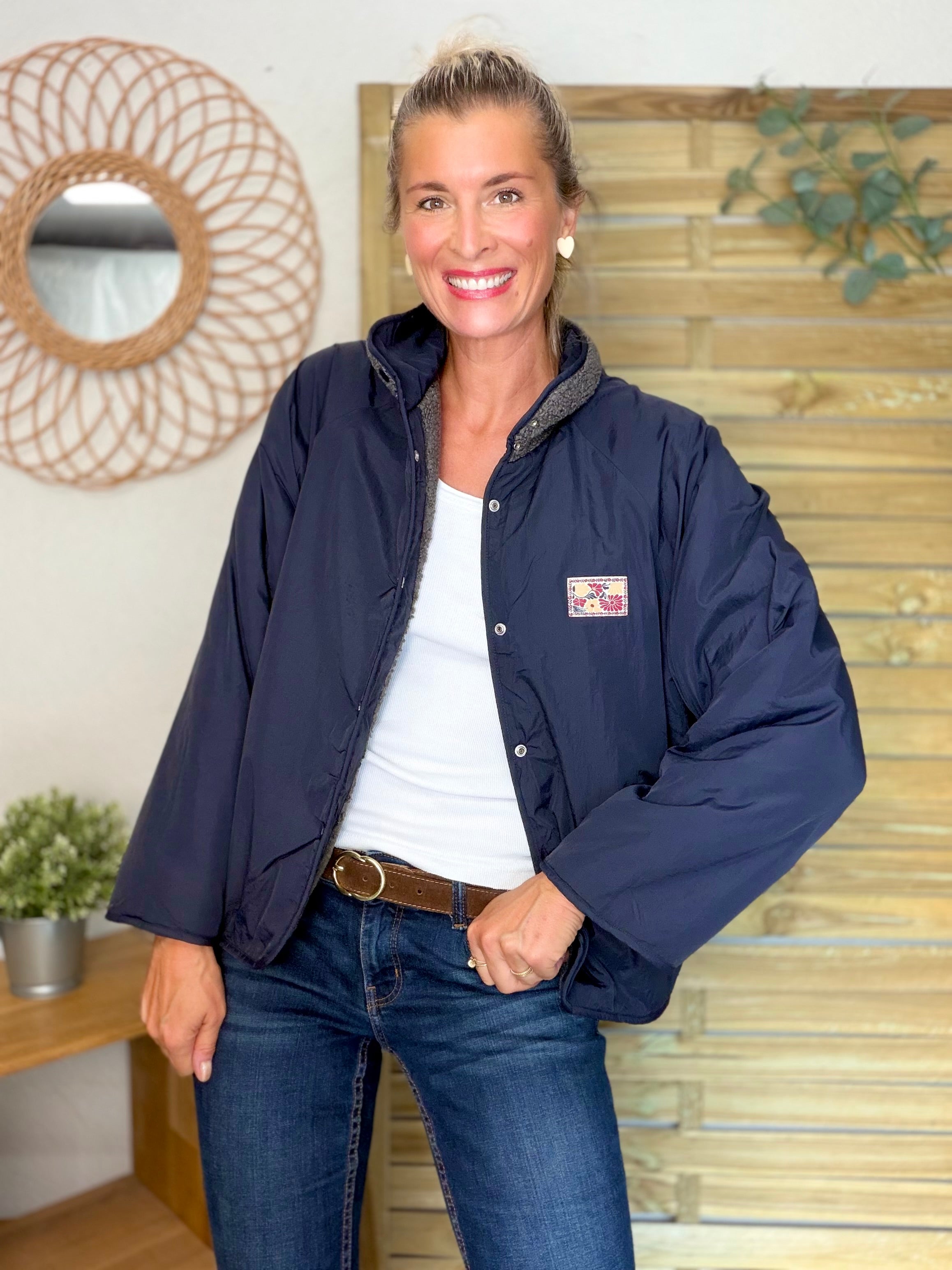 Veste matelassée réversible Sherpa AMÉLIE Bleu marine / Gris
