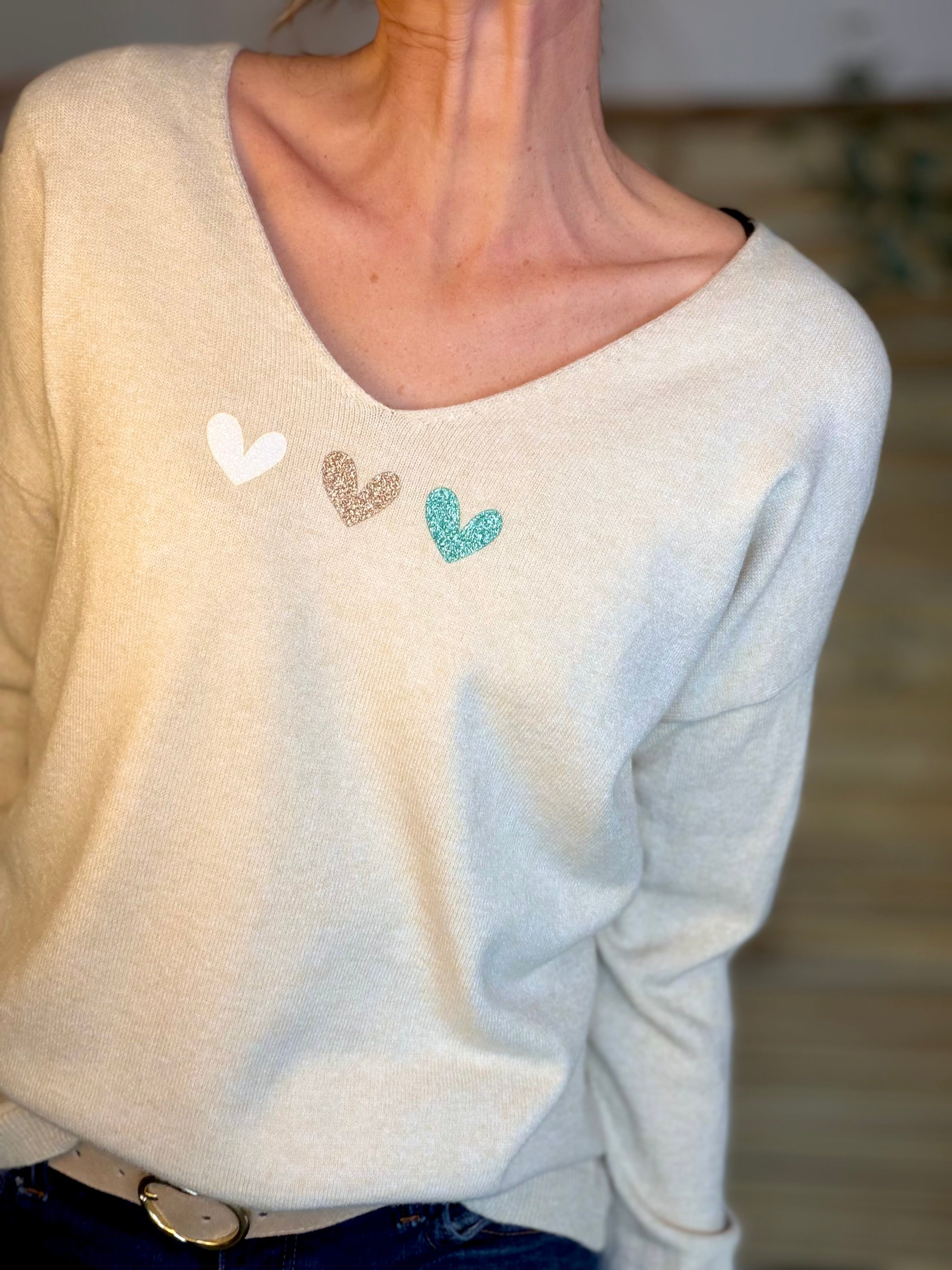 Pull fin 3 cœurs 💛 BERTILLE - Beige