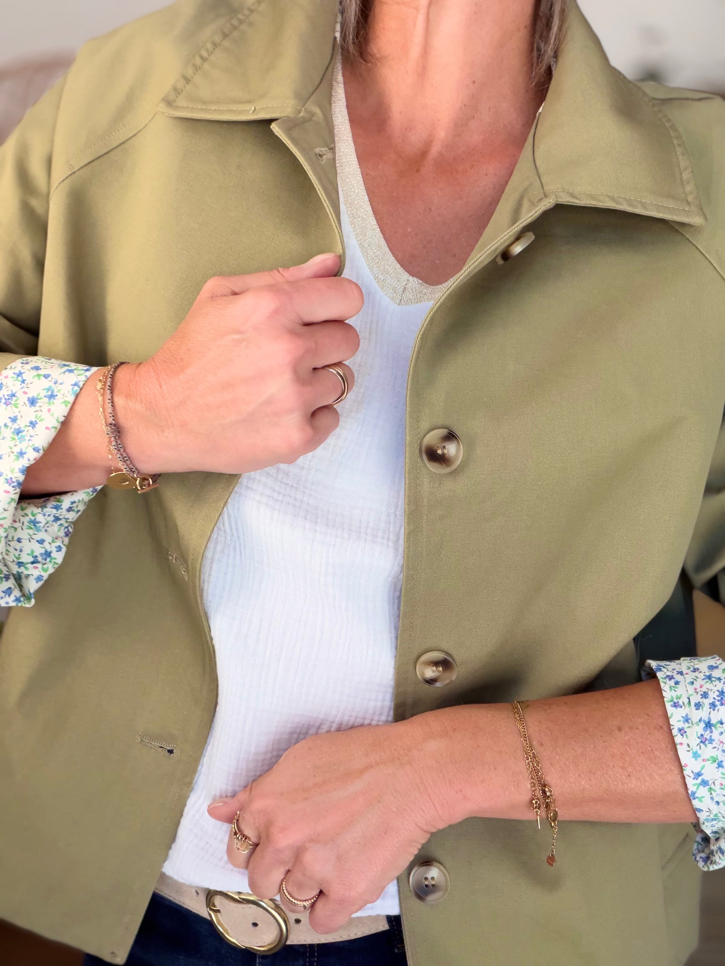 Veste Trench en coton avec Liberty - JOHAN Kaki clair