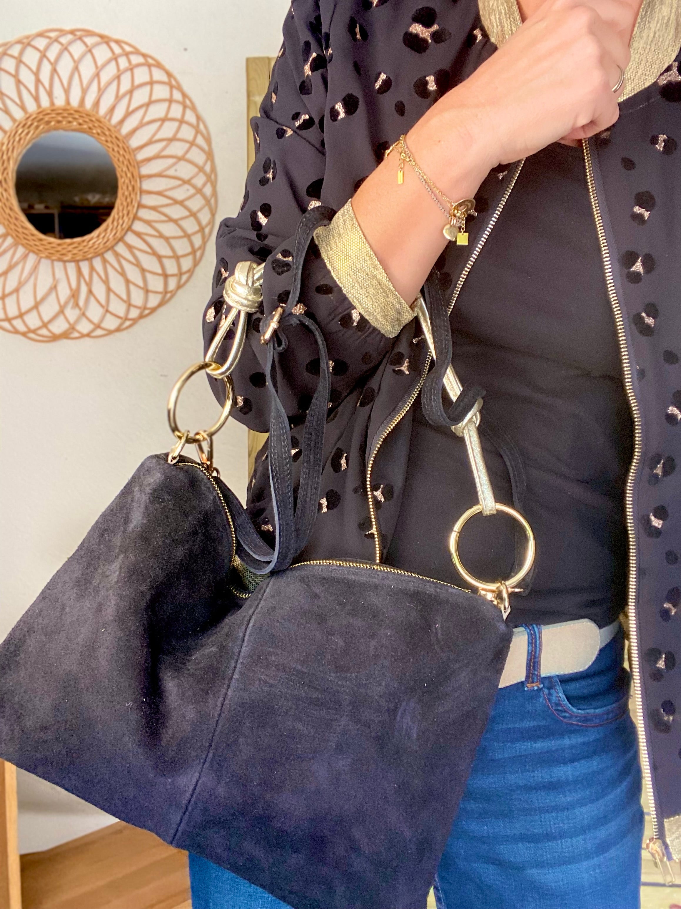 ⚡️PÉPITES FRIDAY - Sac en cuir daim 2 bandoulières (or et noir) - Noir - PACEY