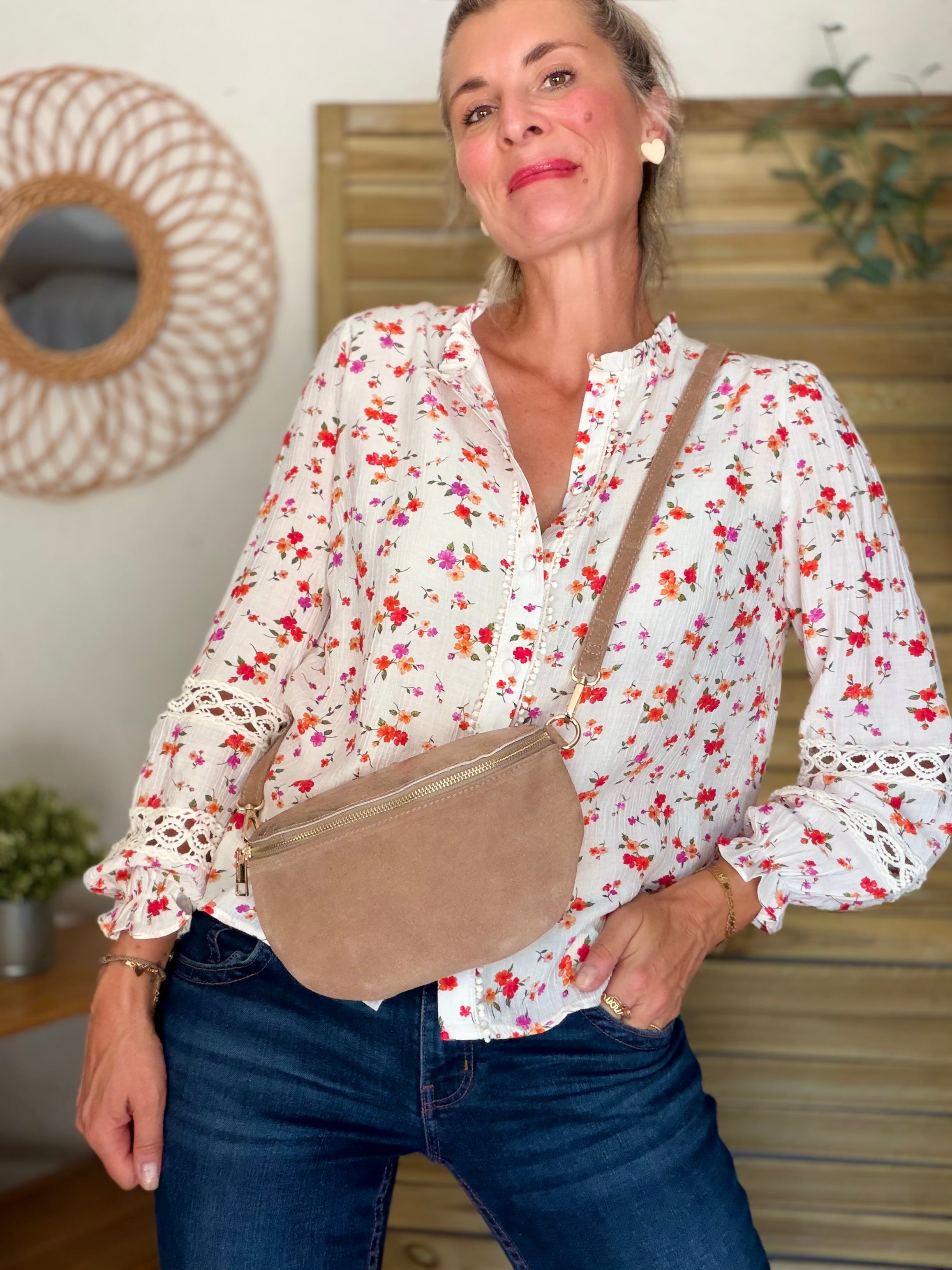 Sac banane M bi-matière en cuir irisé et velours 24cm - POLLY- Taupe/Bronze