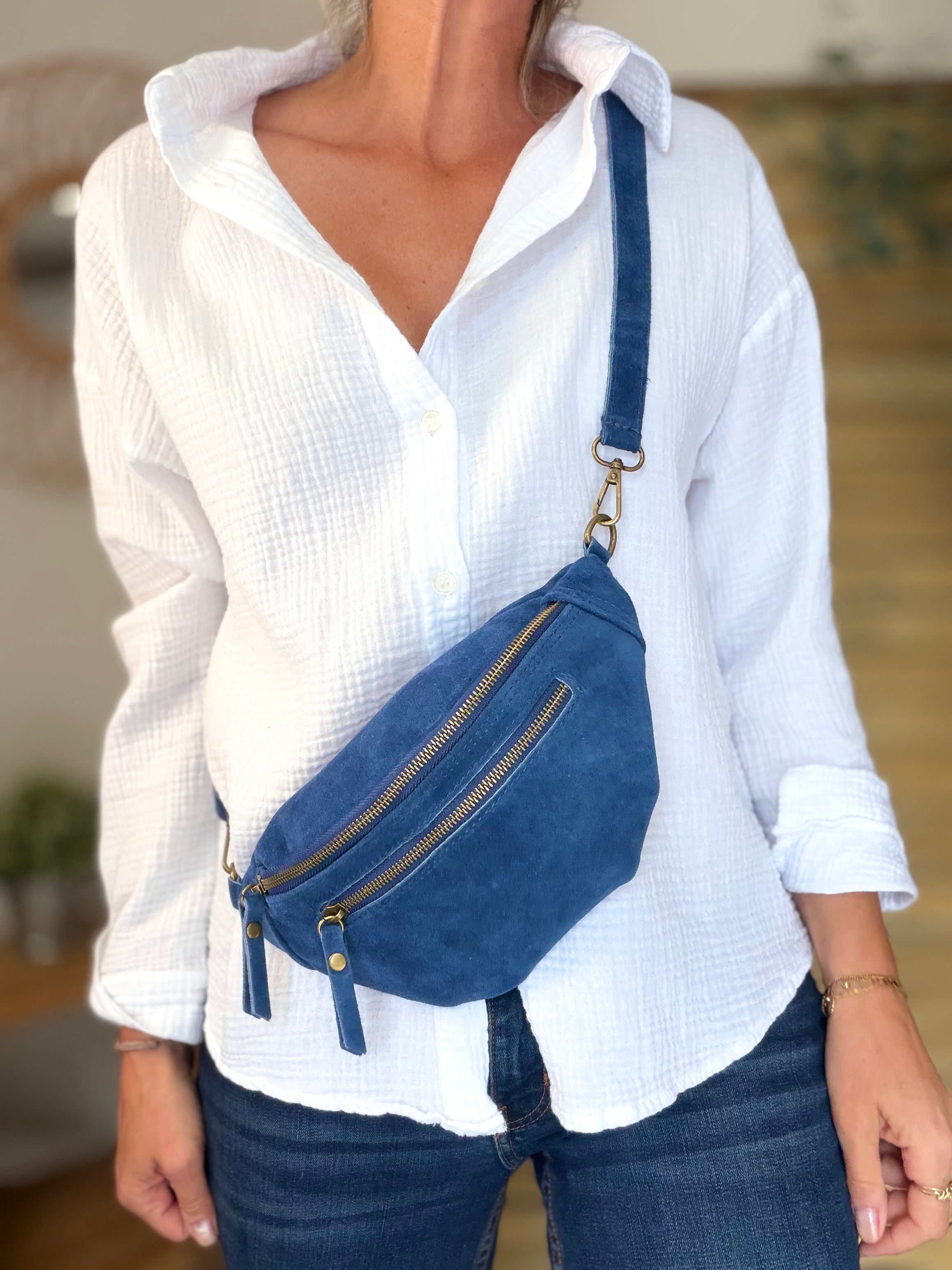 Sac banane double poche en cuir daim - OPALINE - Bleu jean