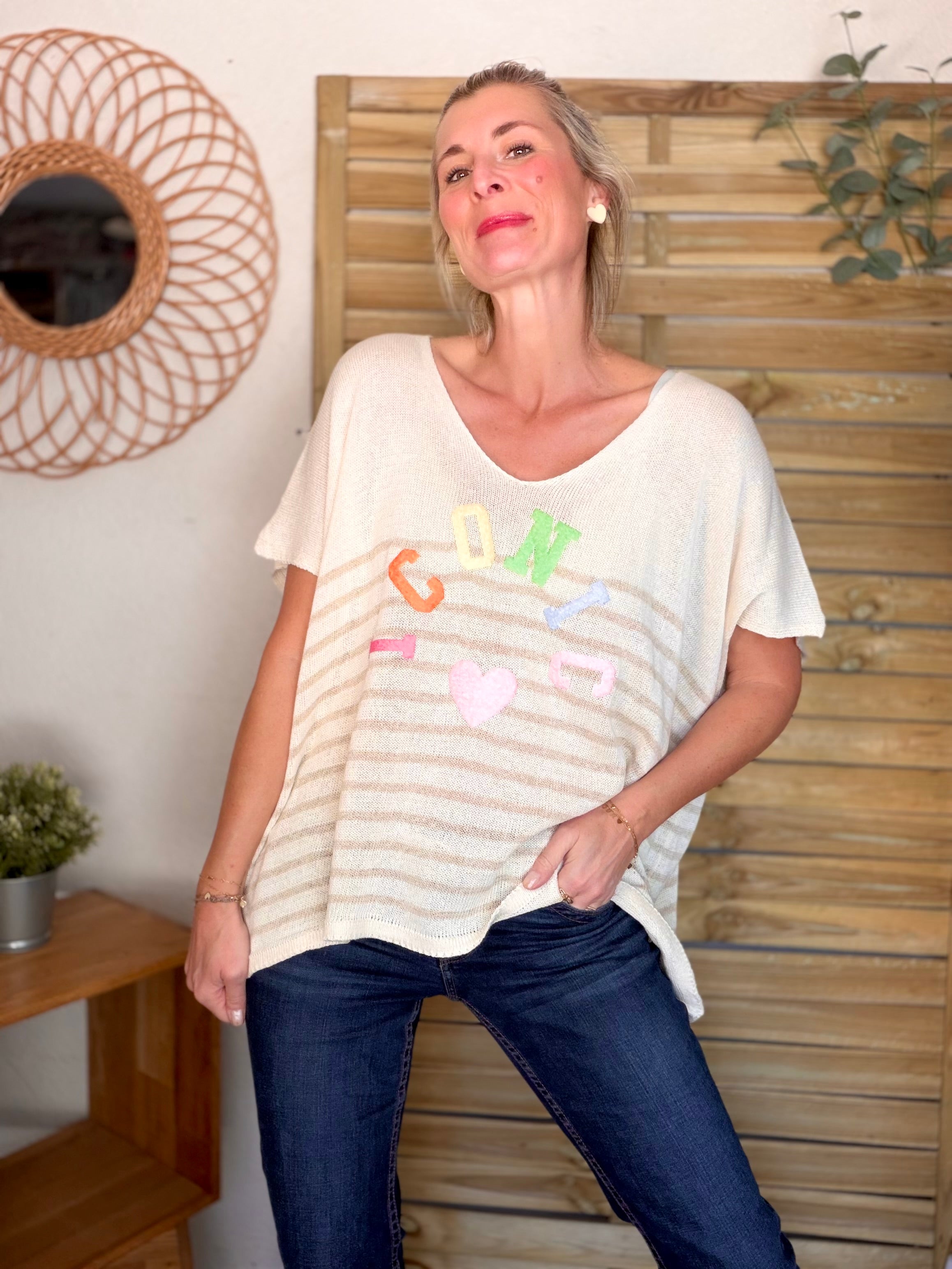 Top col V en maille rayé oversized ICONIC ANISSA Beige
