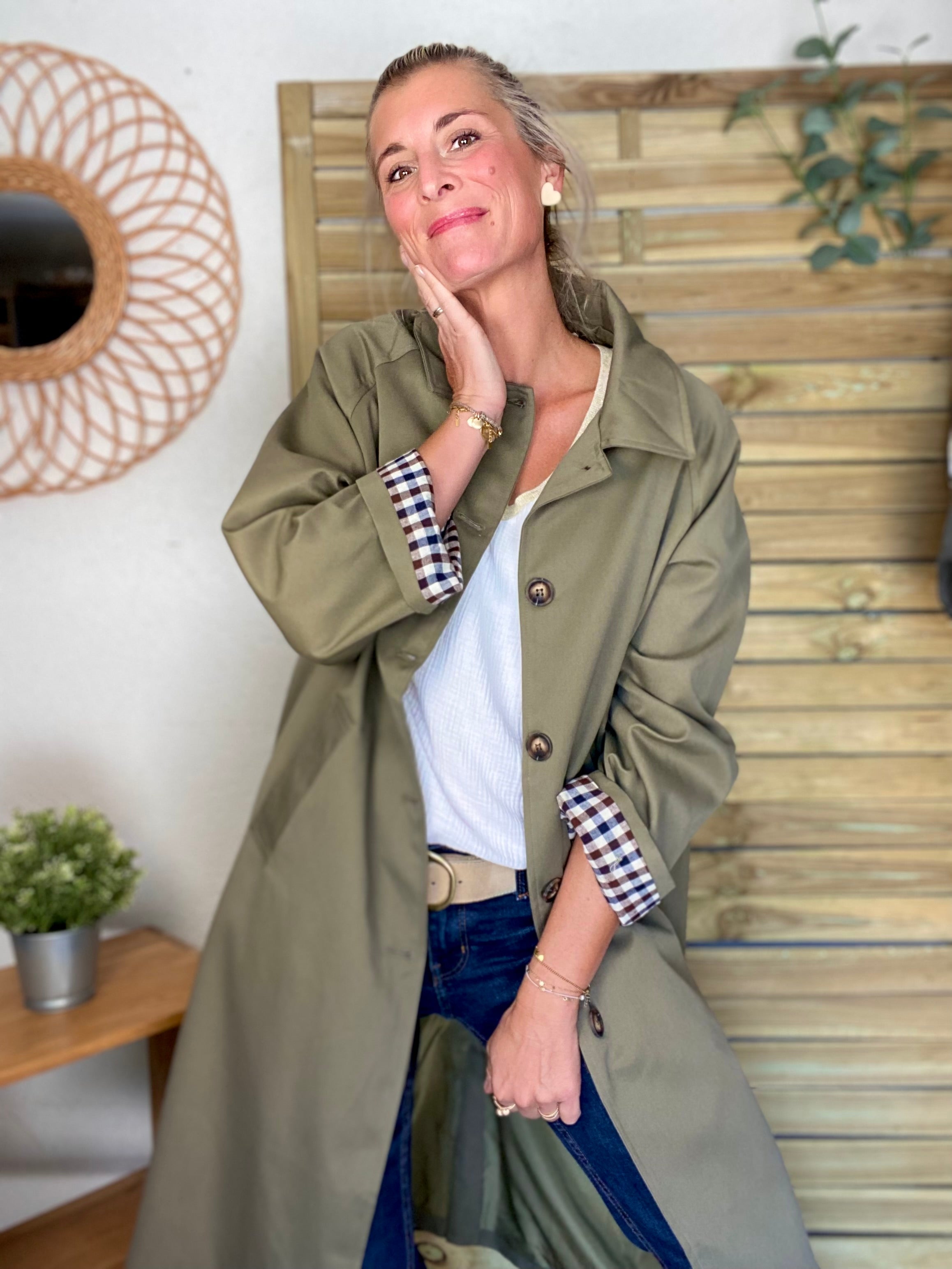 Veste Trench en coton avec vichy - YSEULT long Kaki
