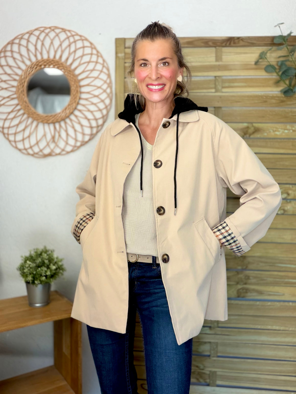 ⚡️ ARRIVAGE • Veste Trench avec capuche amovible, doublure à carreaux GAËLLE Beige