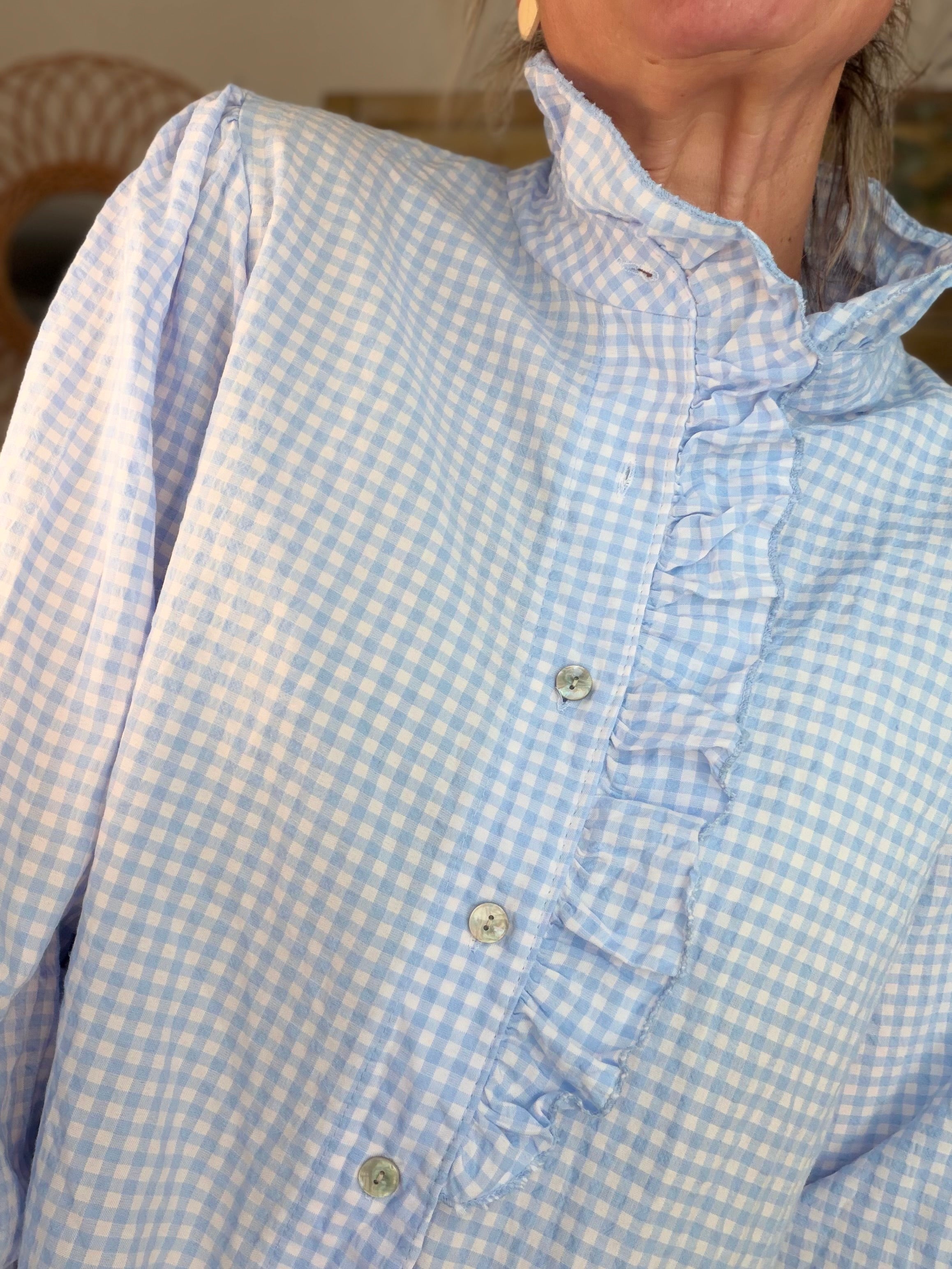 Chemise imprimée Vichy col volanté IRÈNE - Bleu ciel