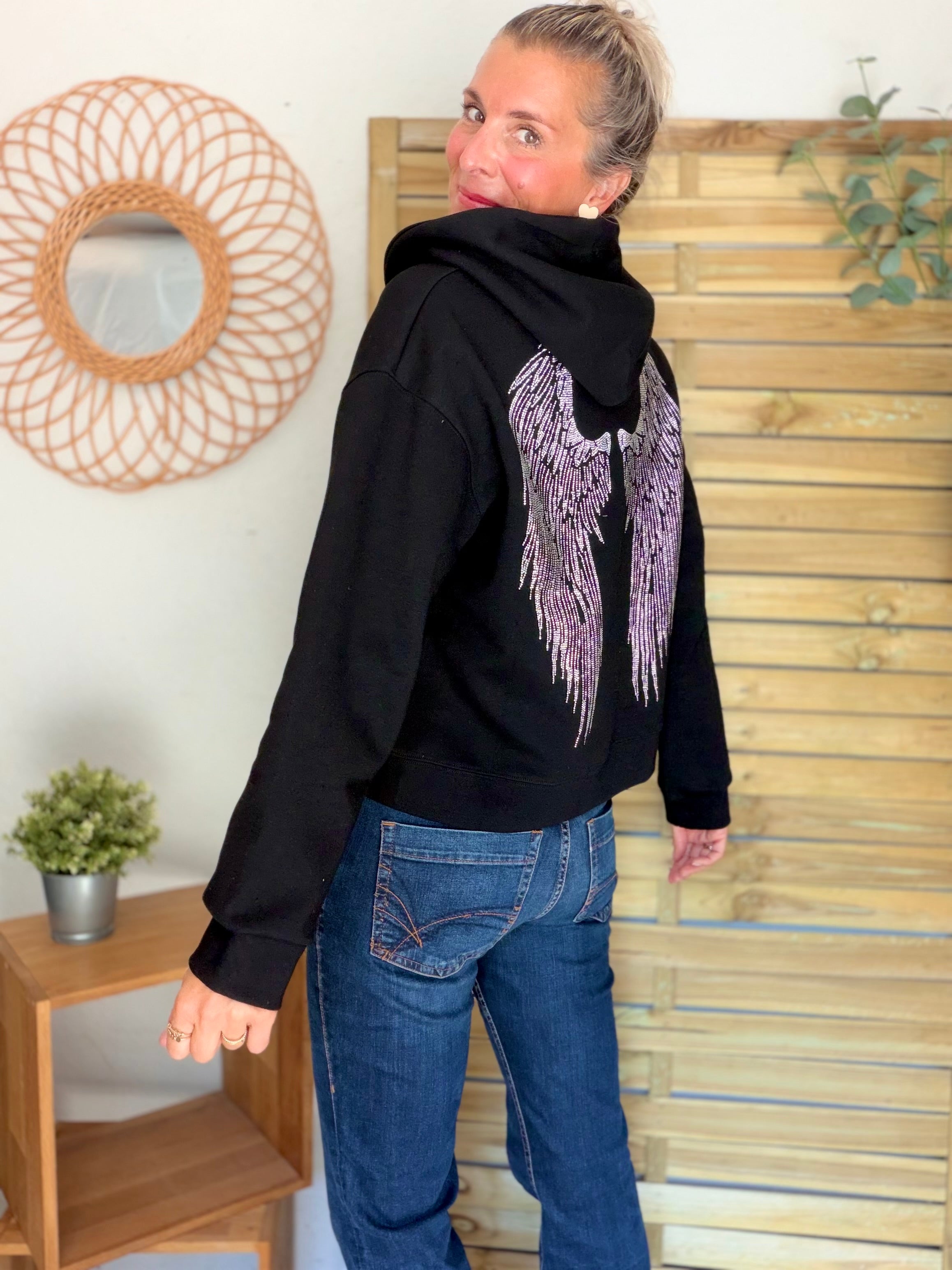 Hoodie sweat gilet strass (ailes) CLOTHILDE - Noir