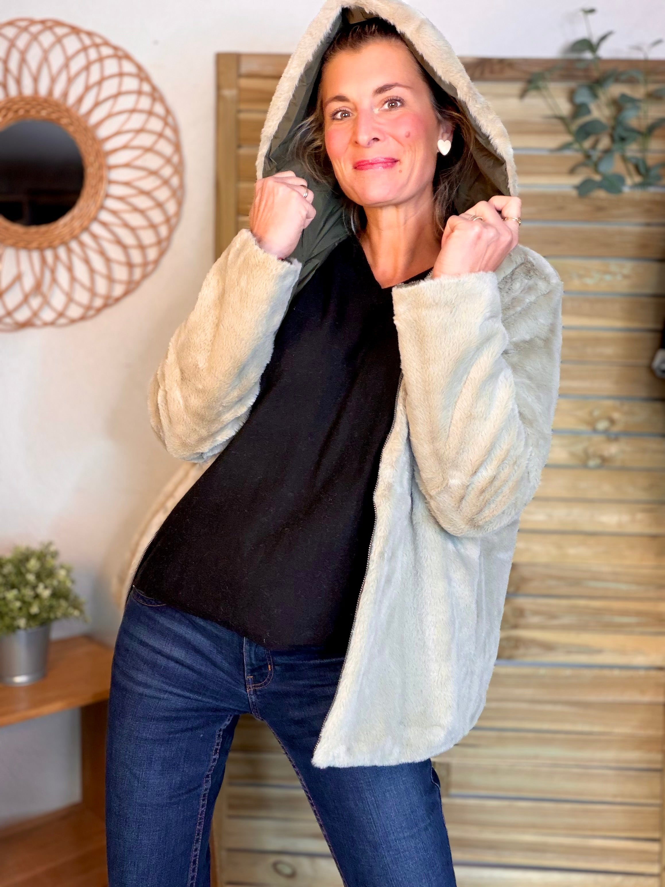 Parka Imperméable réversible fourrée Kaki / Beige ALIX Court - LAURA JO