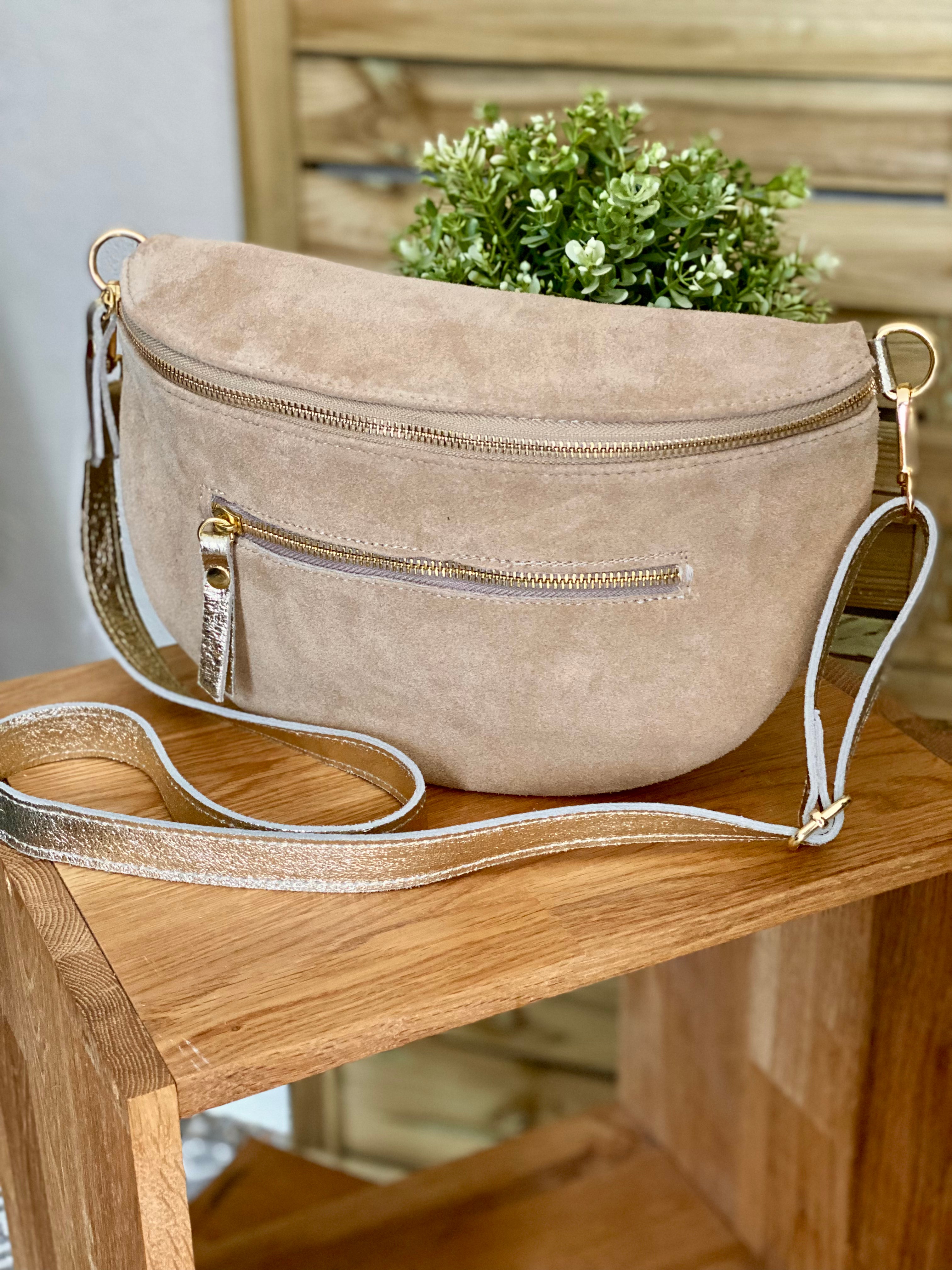 Sac banane XL 2 zips en cuir velours et irisé 30cm TERRY - Beige (4 coloris)