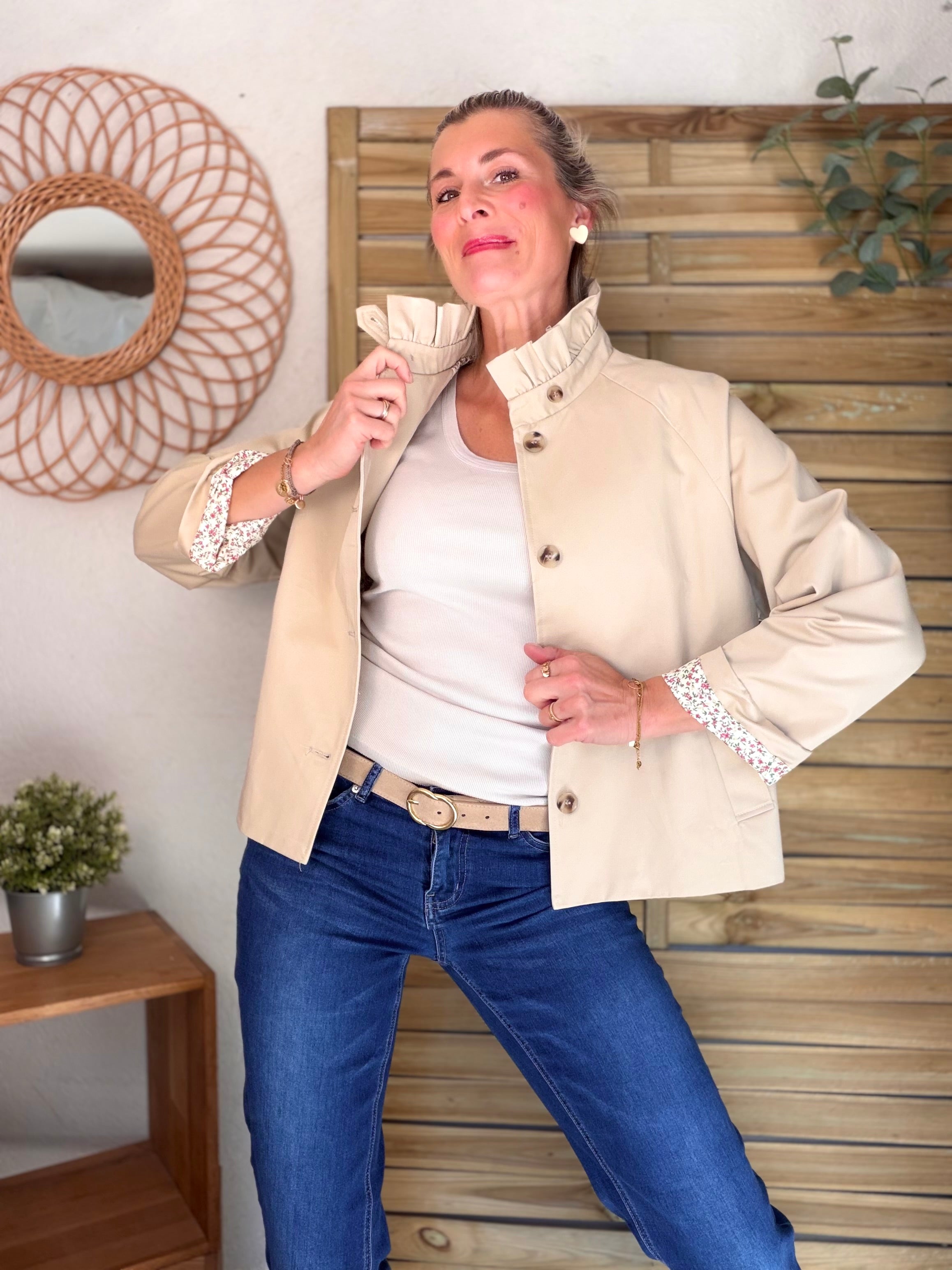 Veste Trench col victorien avec Liberty rose - VICKY Beige