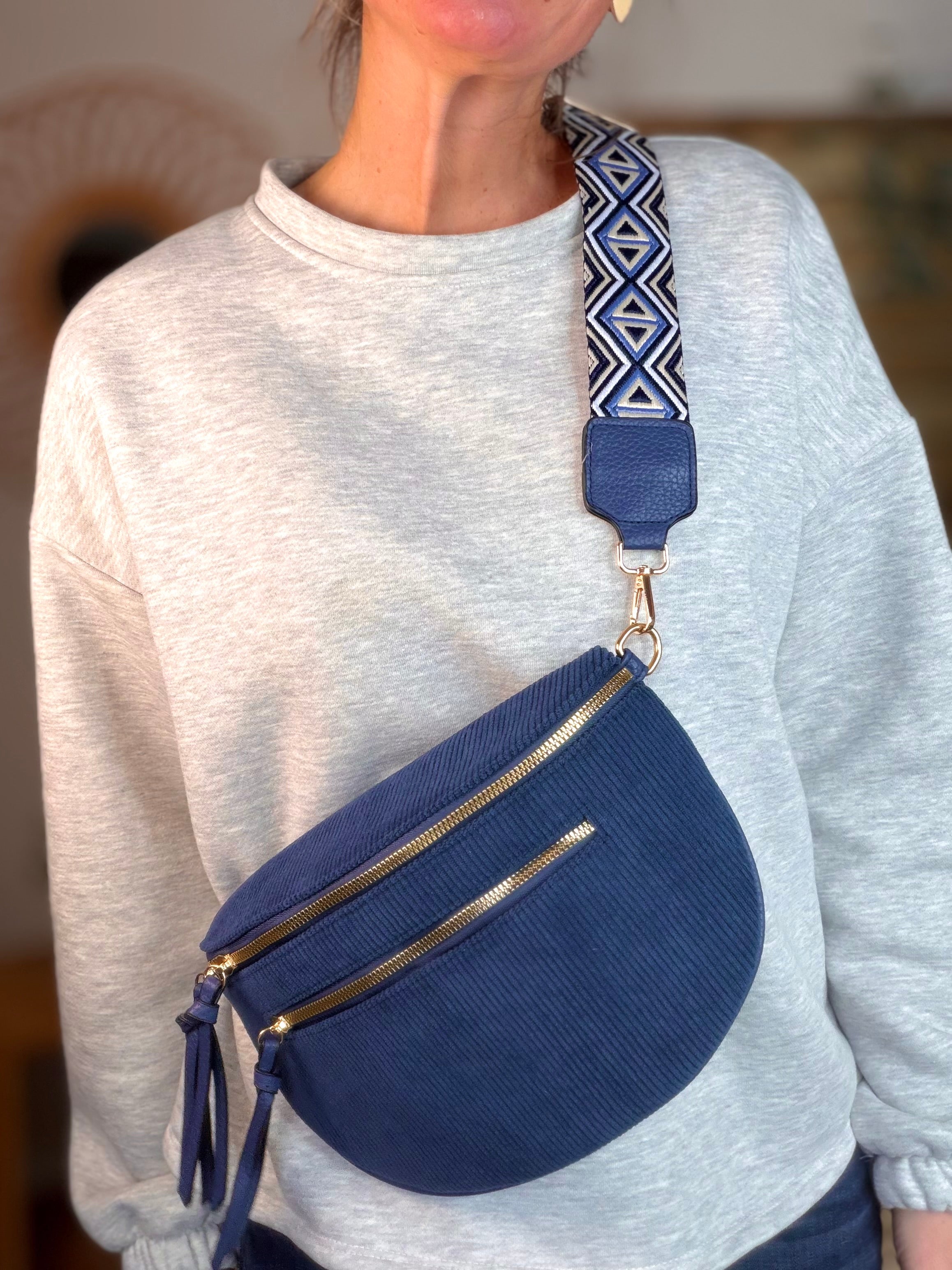 Sac banane en velours côtelé, sangle fantaisie - KATY - Bleu marine