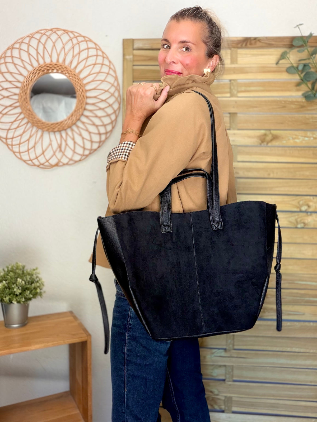 Grand Sac cabas 2 en 1 en simili daim - LAURÈNE Noir