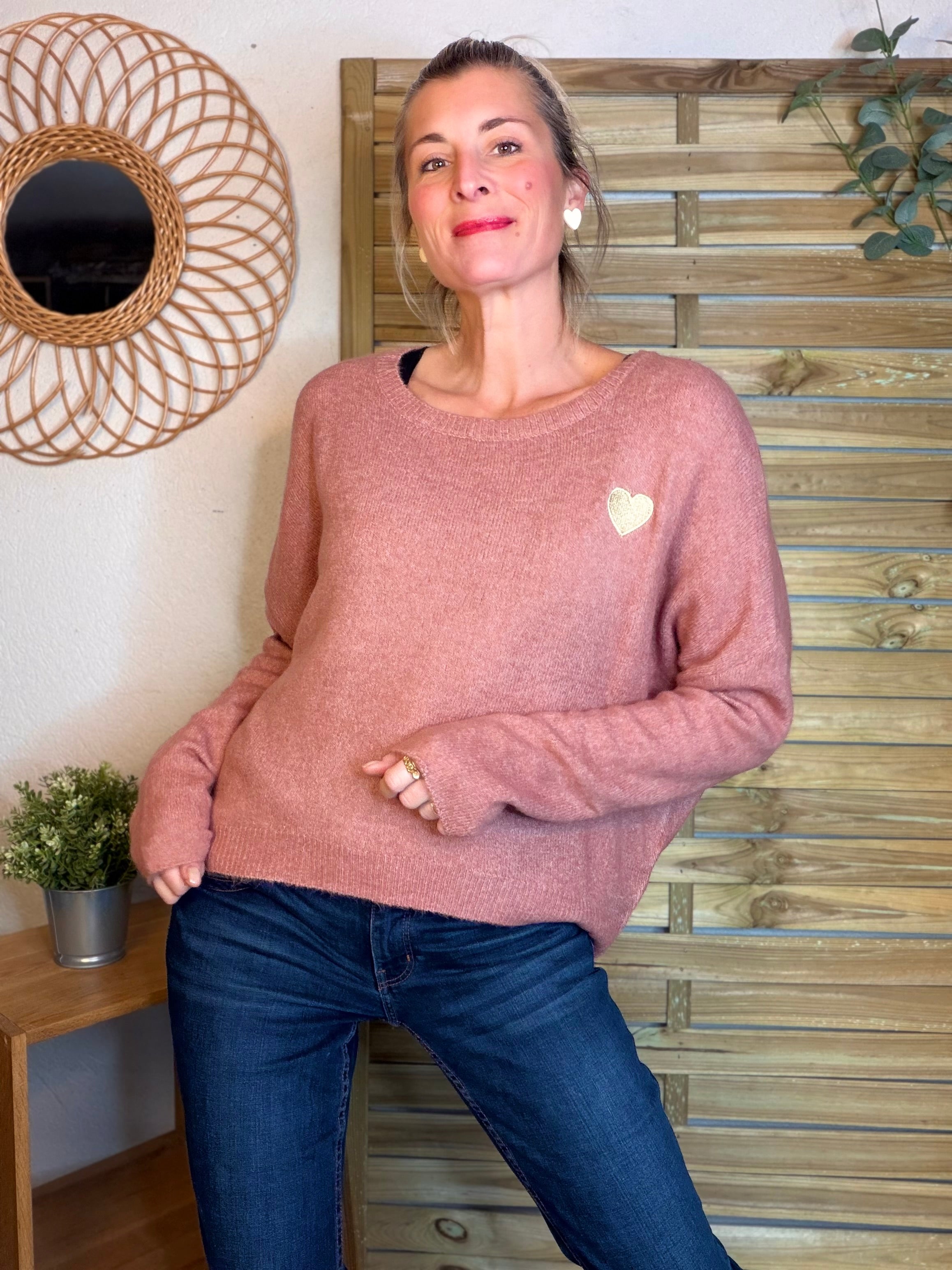 Pull léger en maille cœur doré brodé 💛 MELISSA - Vieux rose