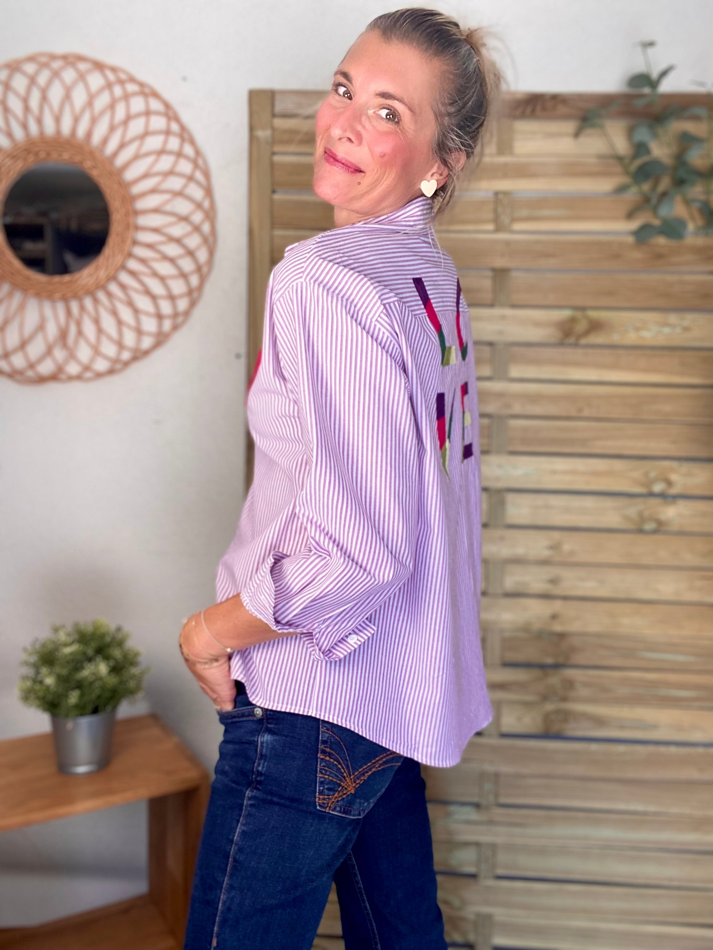 Chemise rayée brodée LOVE multico LANA - Rose cerise