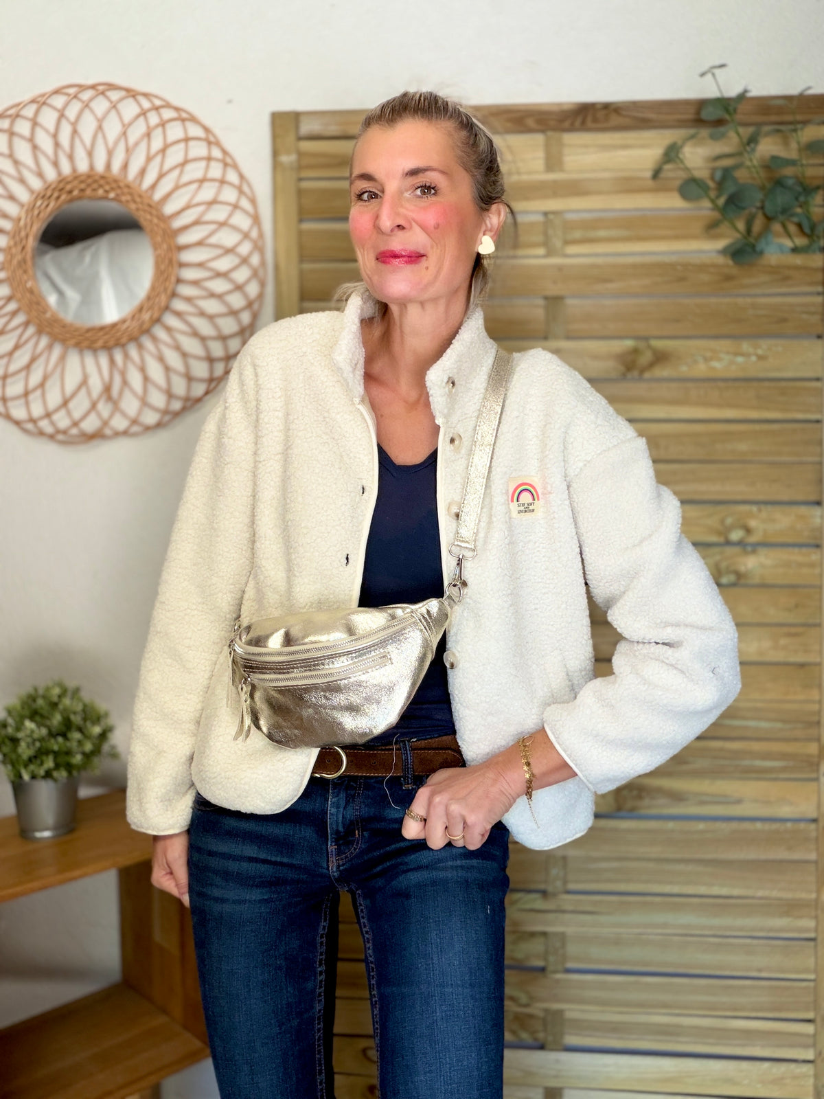 Veste Sherpa boutonnée écusson Arc-en-ciel ÉNORA Beige
