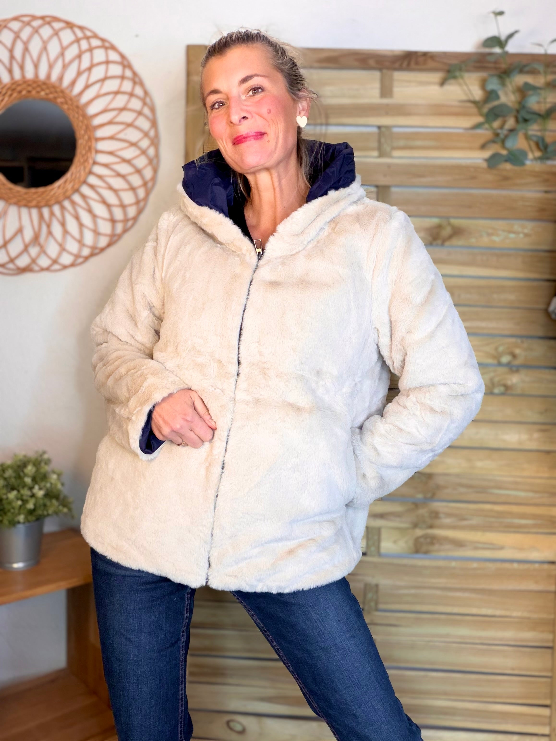 Parka Imperméable réversible fourrée Marine / Beige ALIX Court - LAURA JO