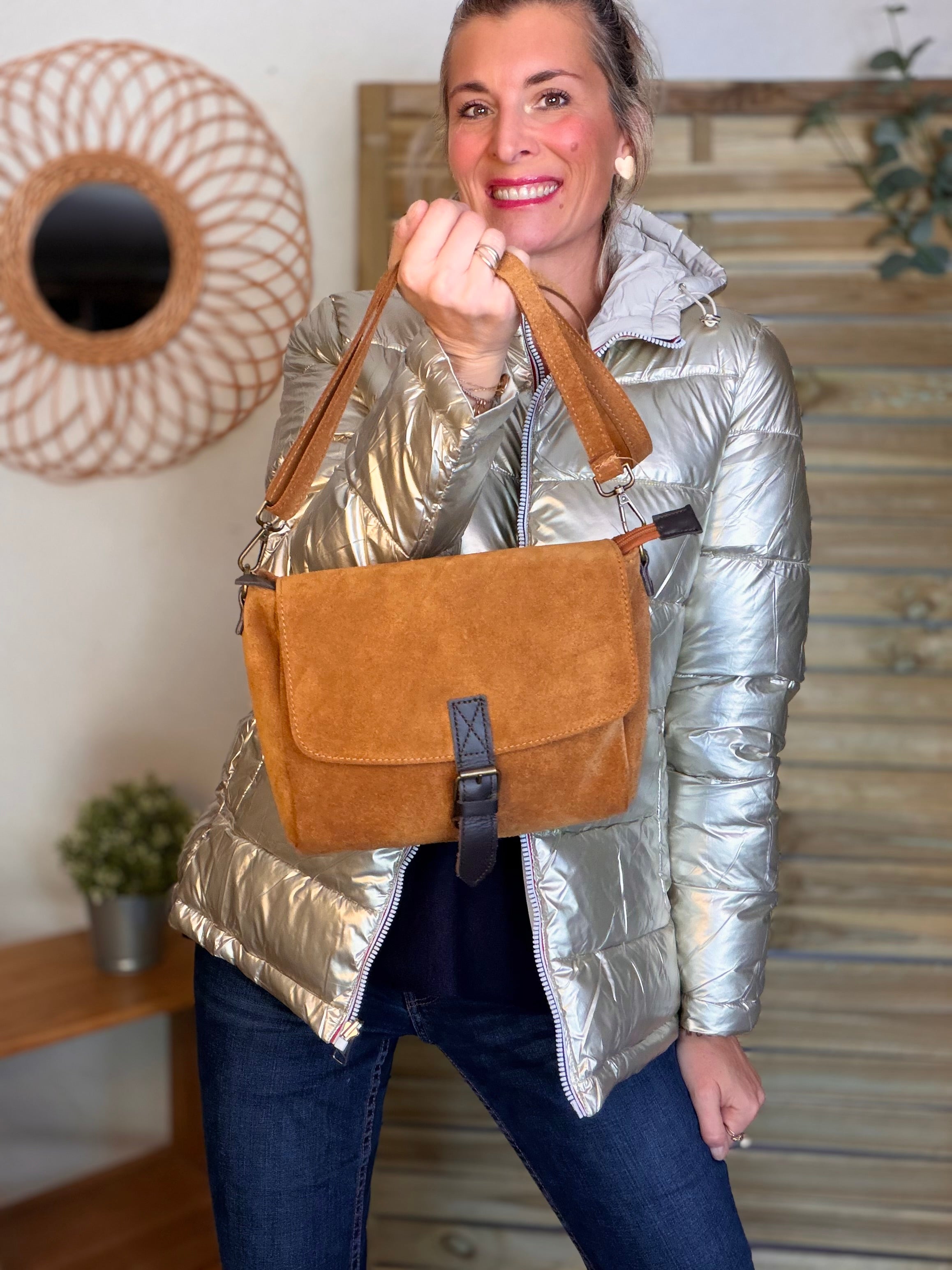 ⚡️ PÉPITES FRIDAY - Sac besace bandoulière en croute de cuir - FLAVIE - Camel