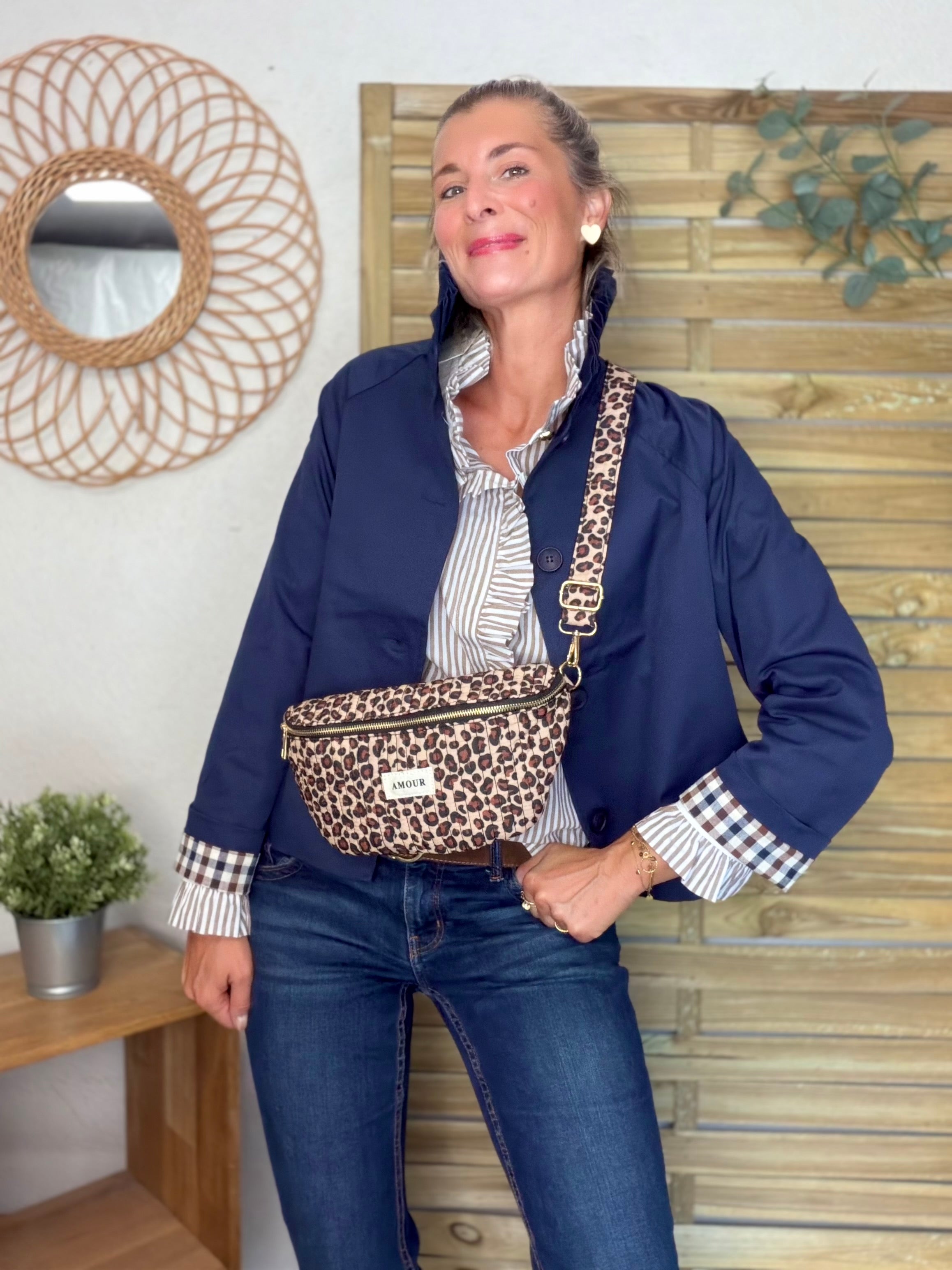 Veste Trench col victorien, revers carreaux - VICKY Bleu marine