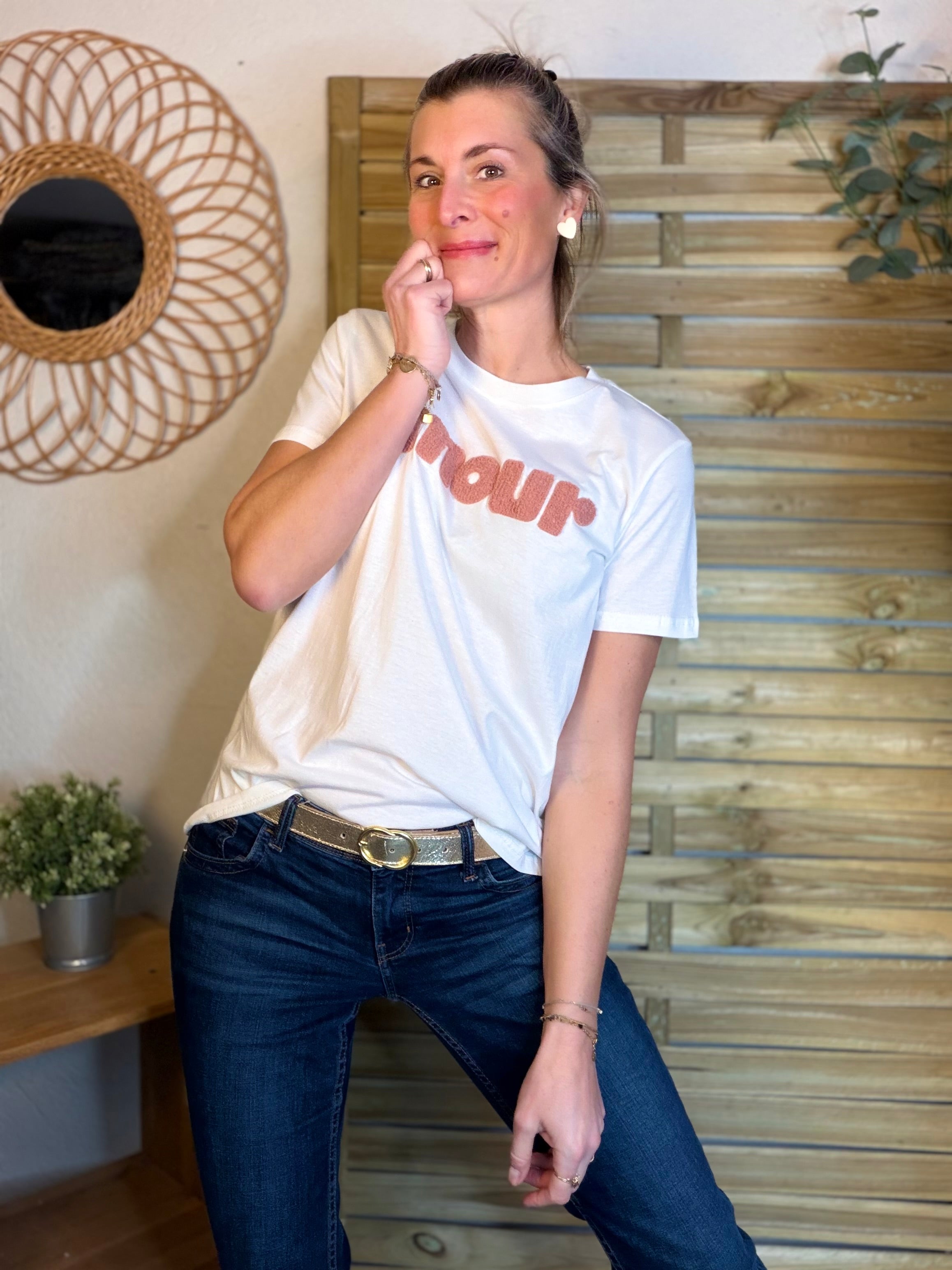 Tee shirt amour MAÏA Blanc/Vieux rose