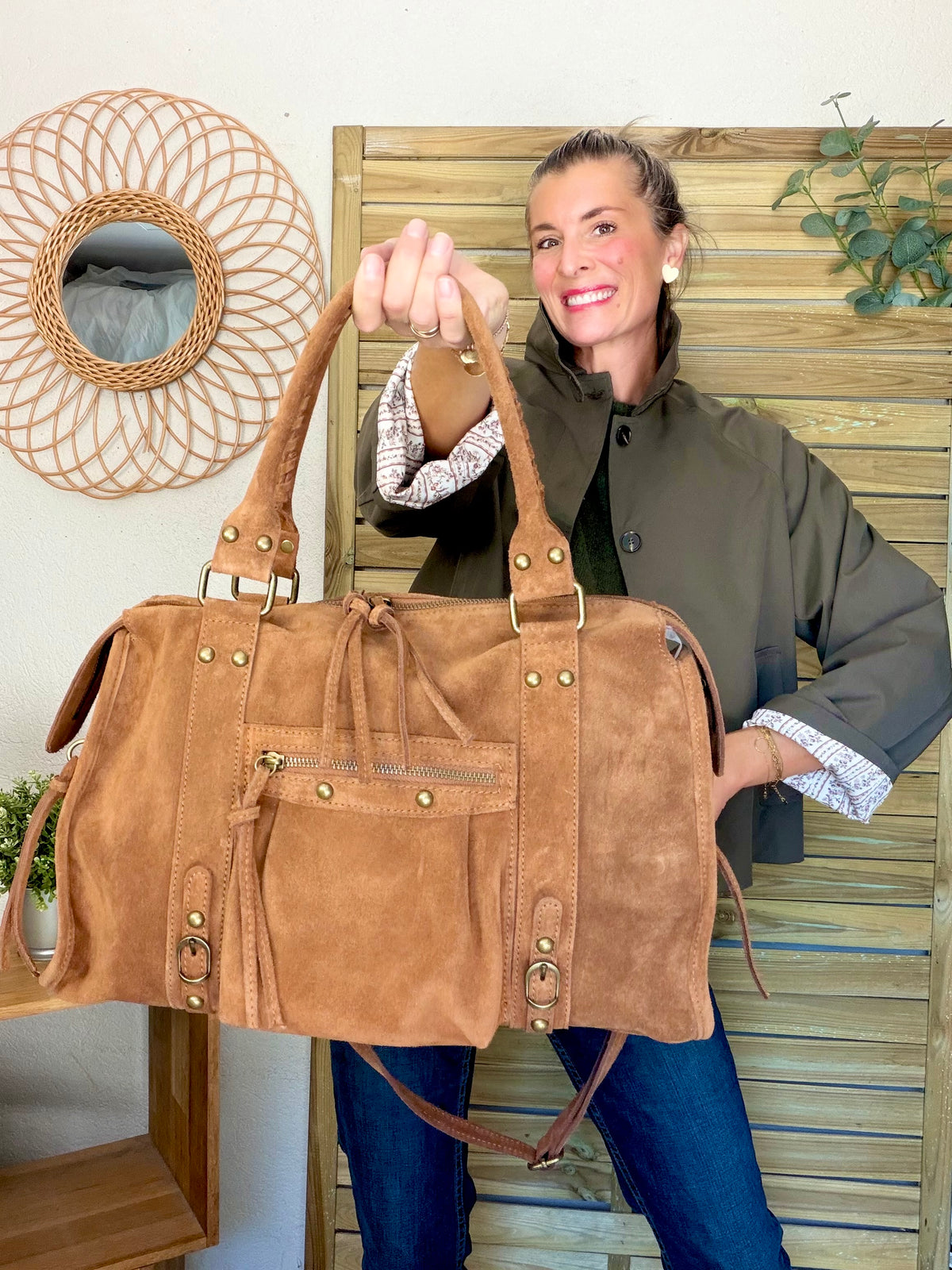 Sac cabas XL en cuir daim • HUNTER Camel