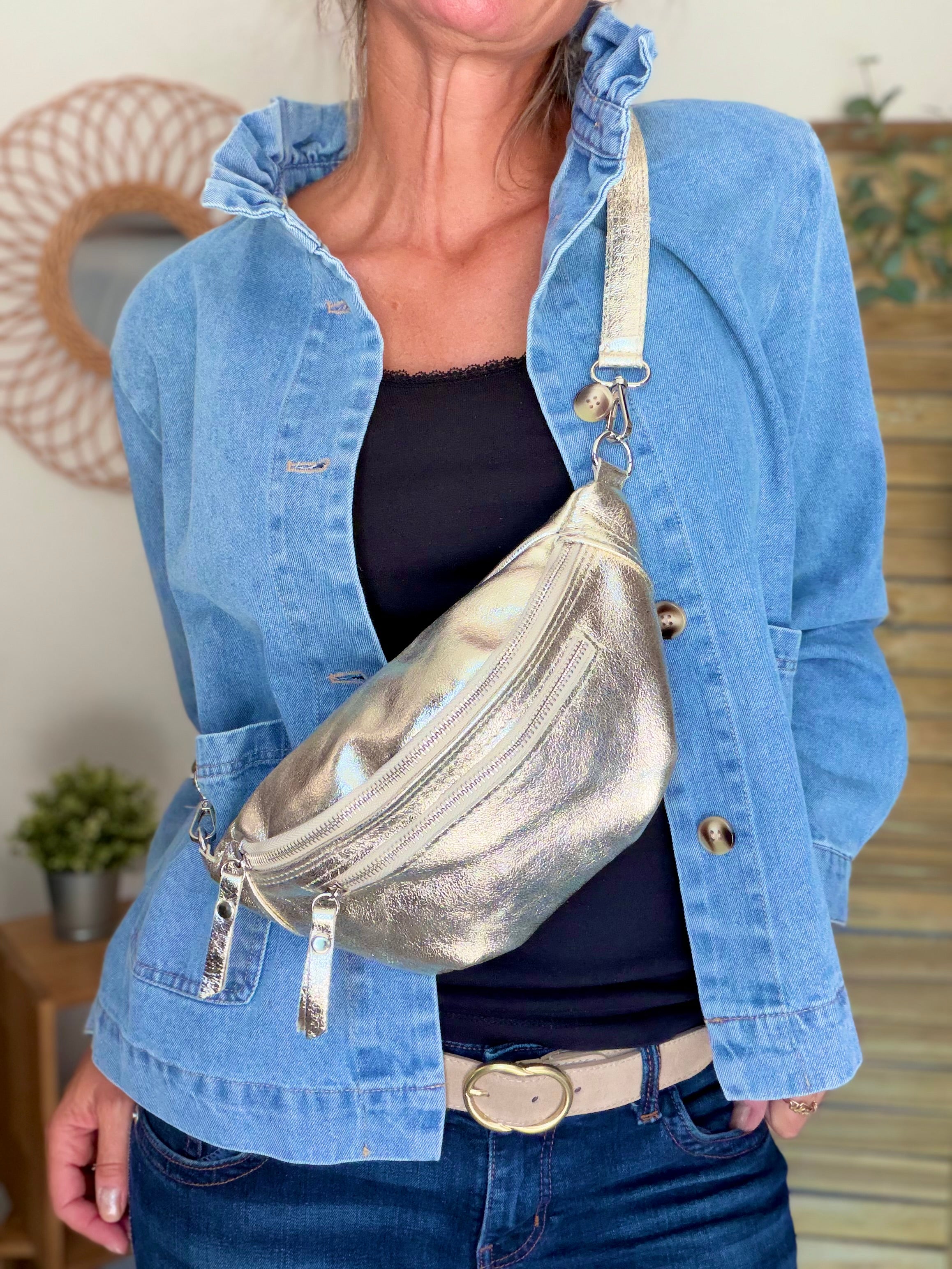 Sac banane en cuir irisé double poche - OPALE - Doré / argent