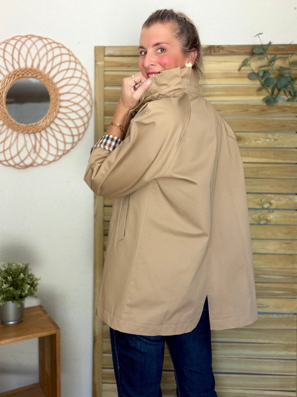 Veste Trench mi-long col victorien avec carreaux - ANDY Beige taupe
