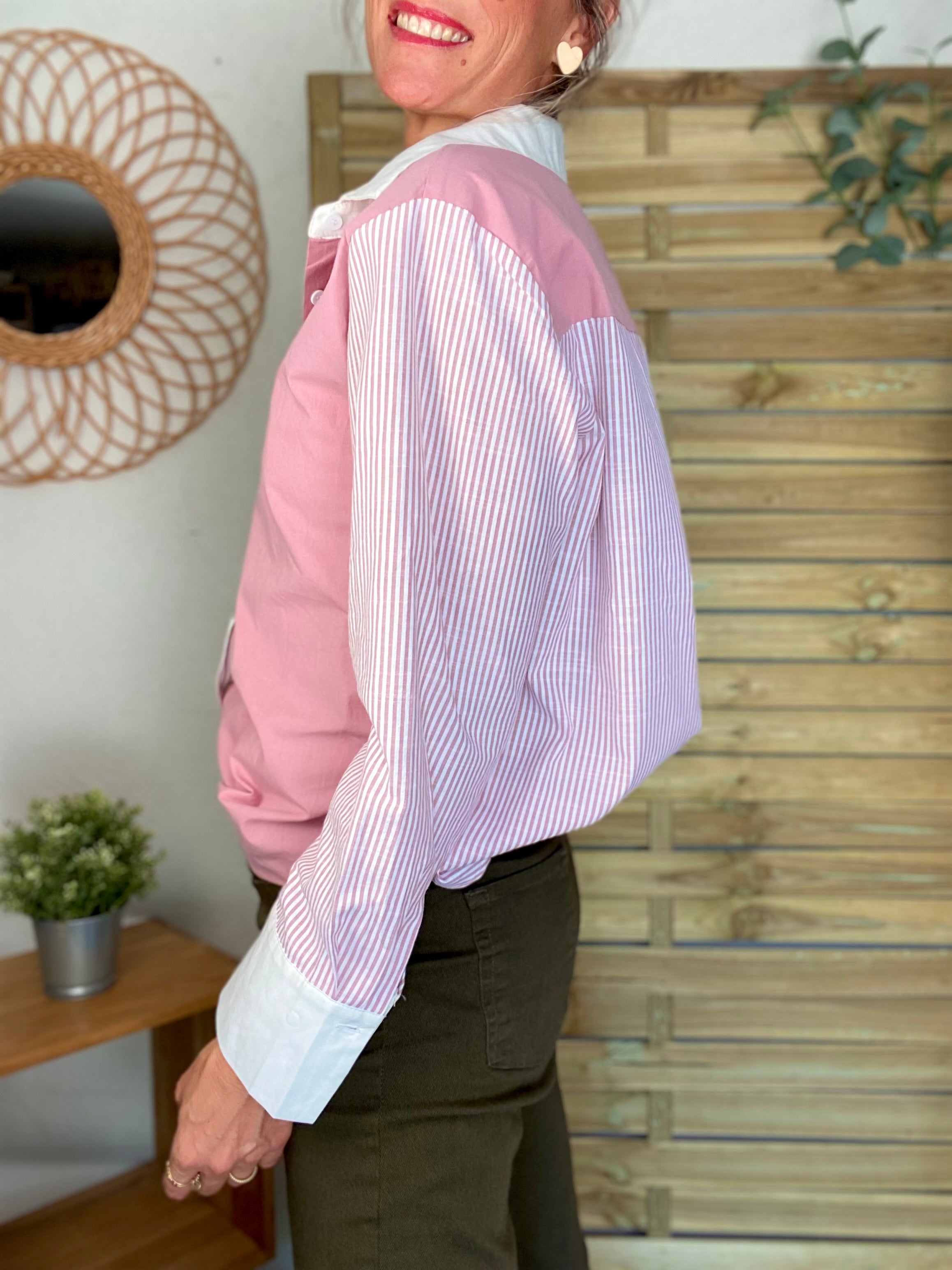 Chemise en coton rayée et uni JULIETTE - Rose