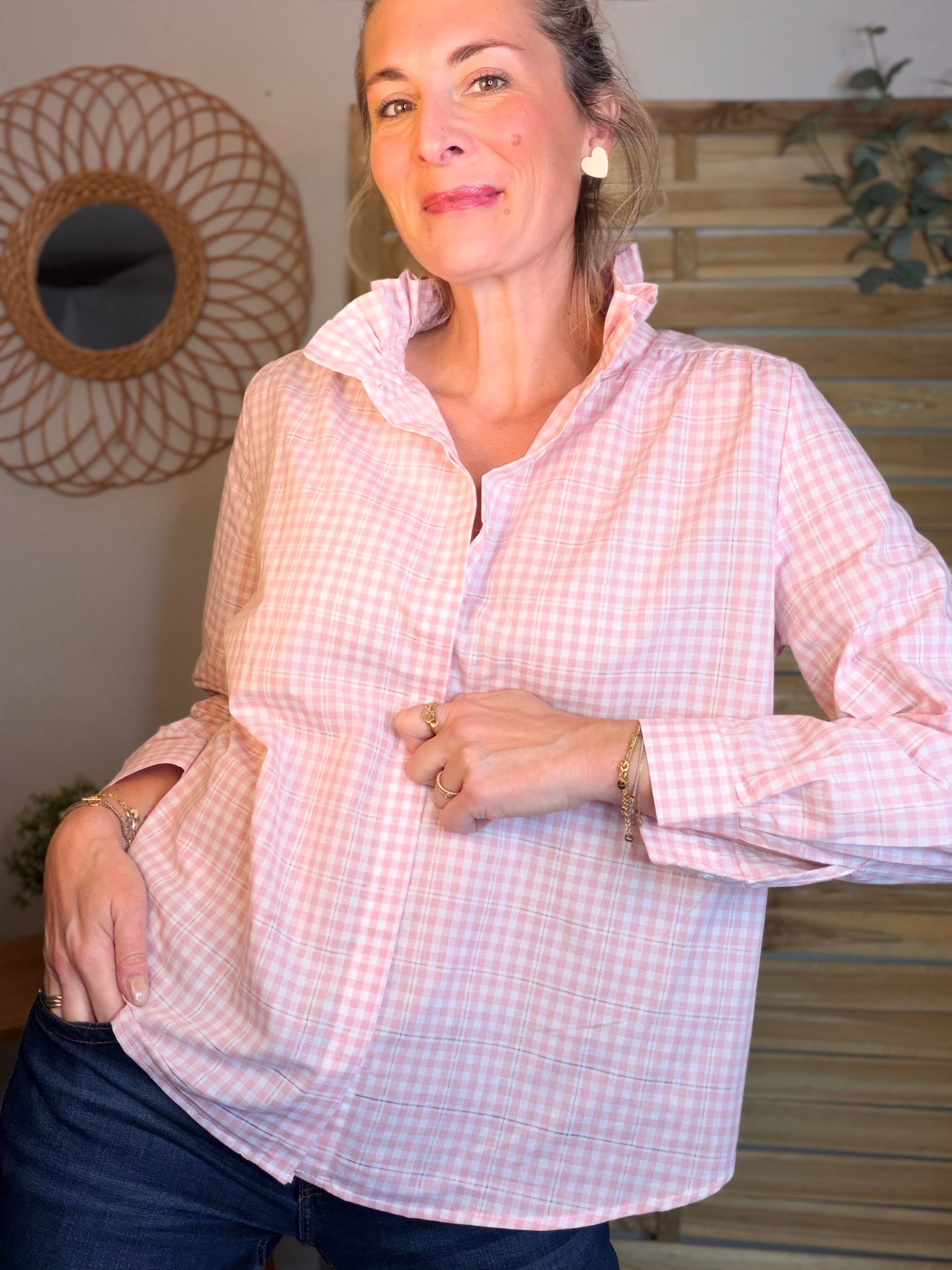 Chemise imprimée vichy, col victorien volanté MEREDITH - Rose