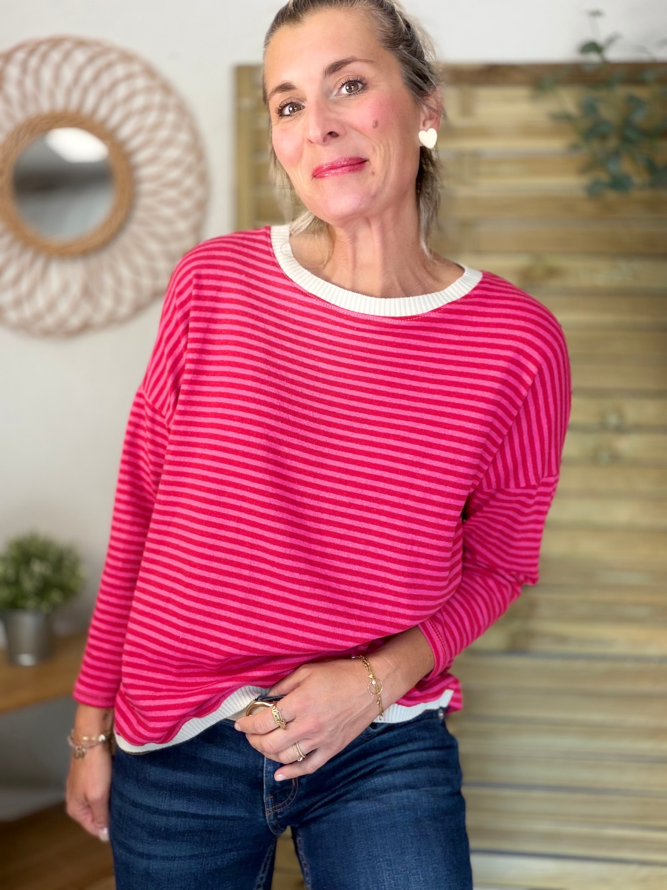 Pull fin rayé ample ROMANE - Rose/Fuschia
