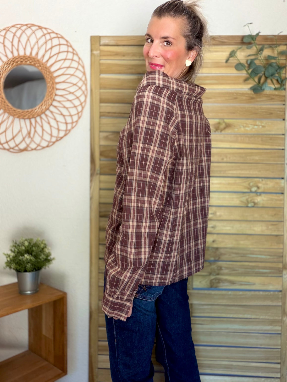 Chemise motif tartan prune col lavallière large LUCILE