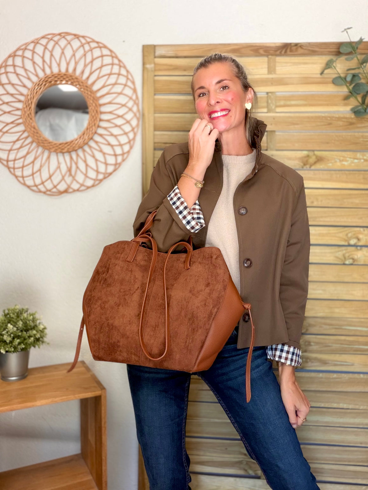 Grand Sac cabas 2 en 1 en simili daim - PAULE Camel