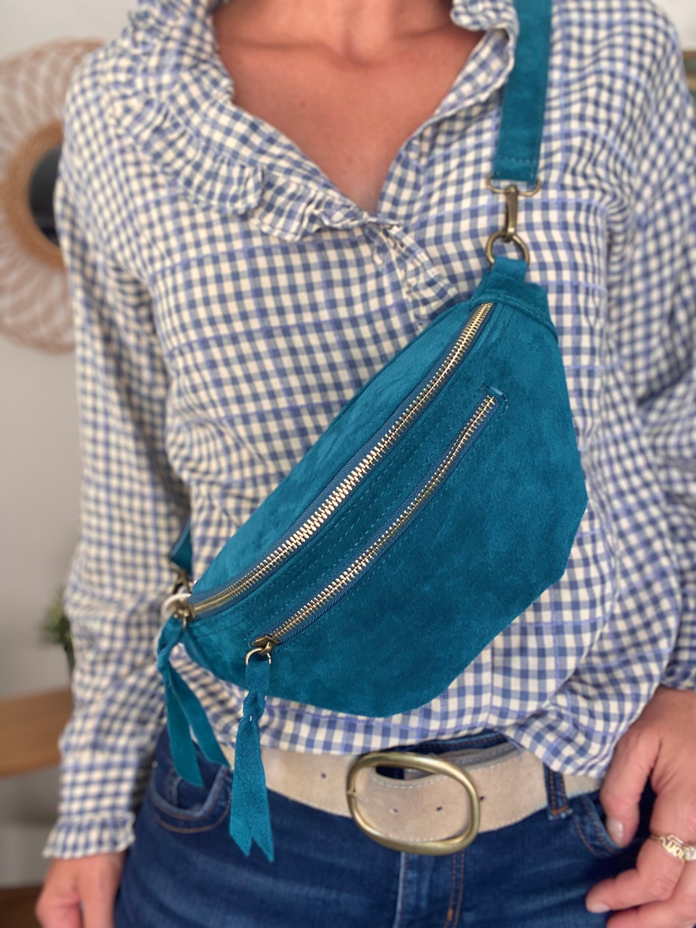 Sac banane double poche en cuir daim - OPALINE - Vert pétrole