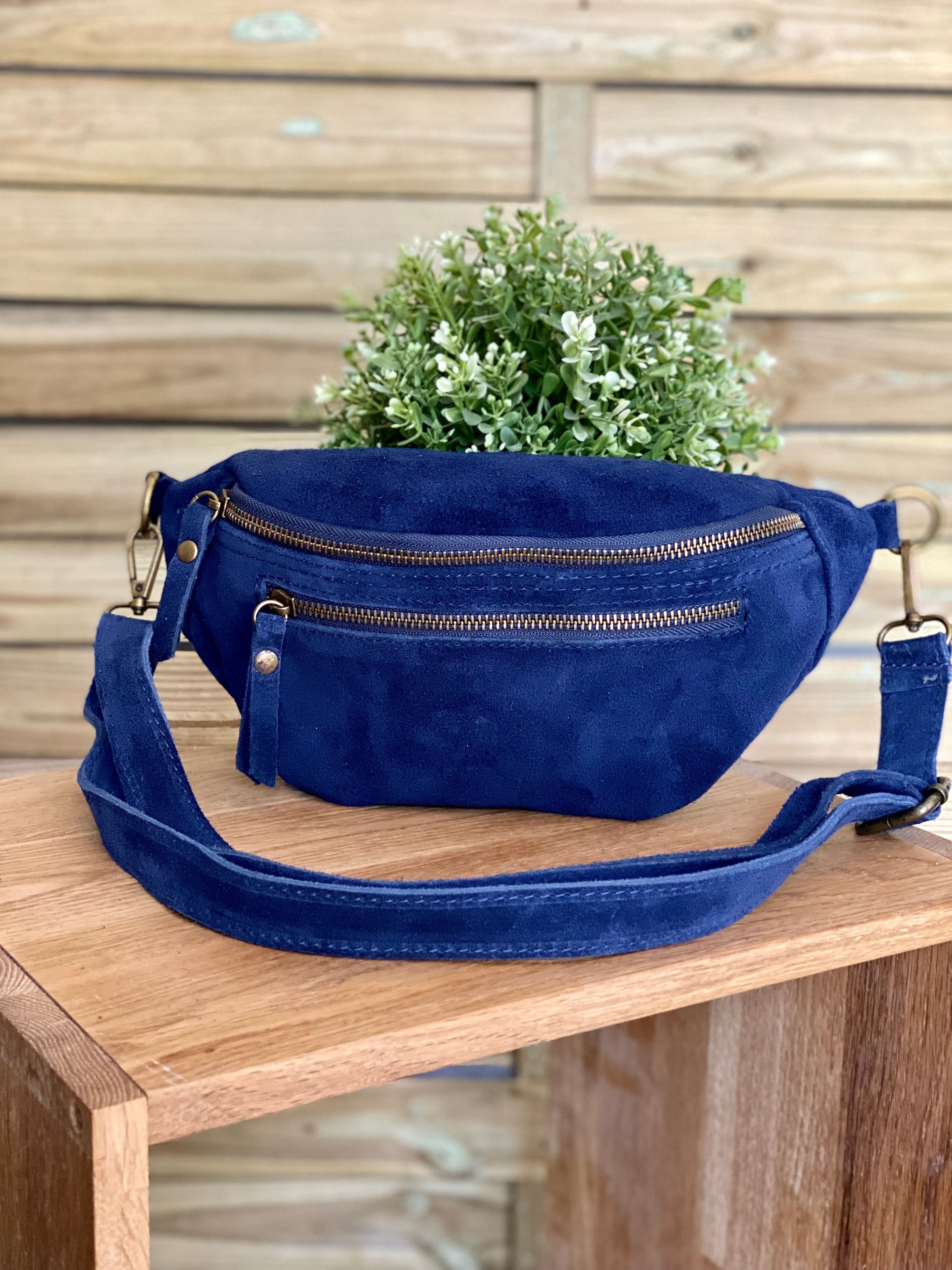 Sac banane double poche en cuir daim - OPALINE - Bleu marine