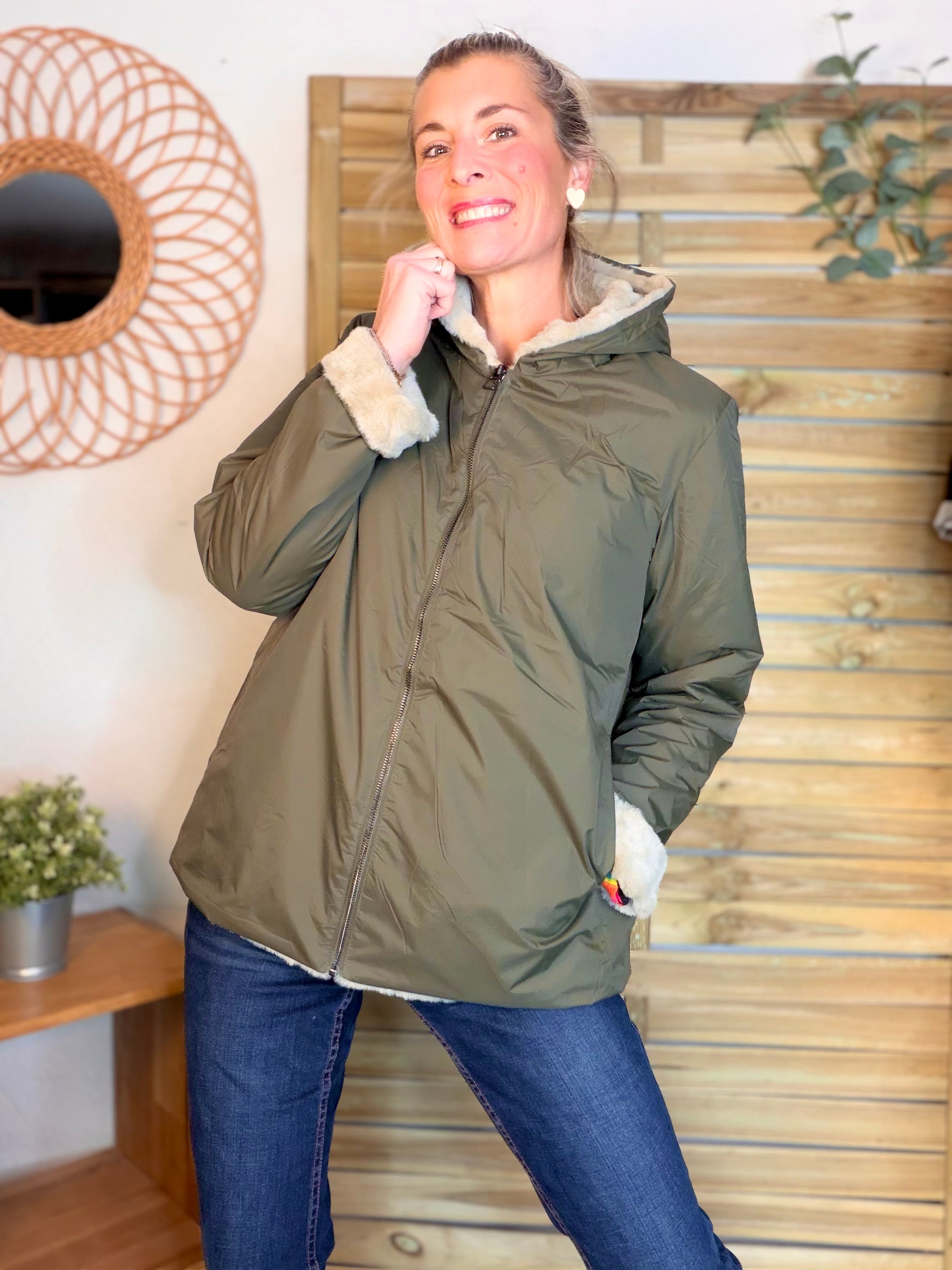 Parka Imperméable réversible fourrée Kaki / Beige ALIX Court - LAURA JO