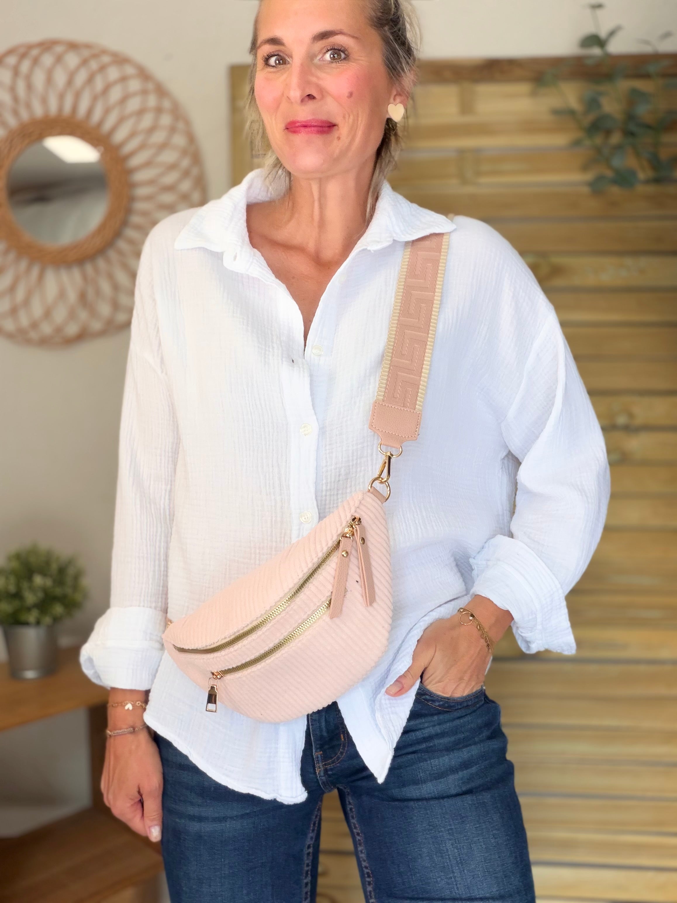 Sac banane en velours côtelé 2 zips et sangle fantaisie - CHARLY Rose poudré