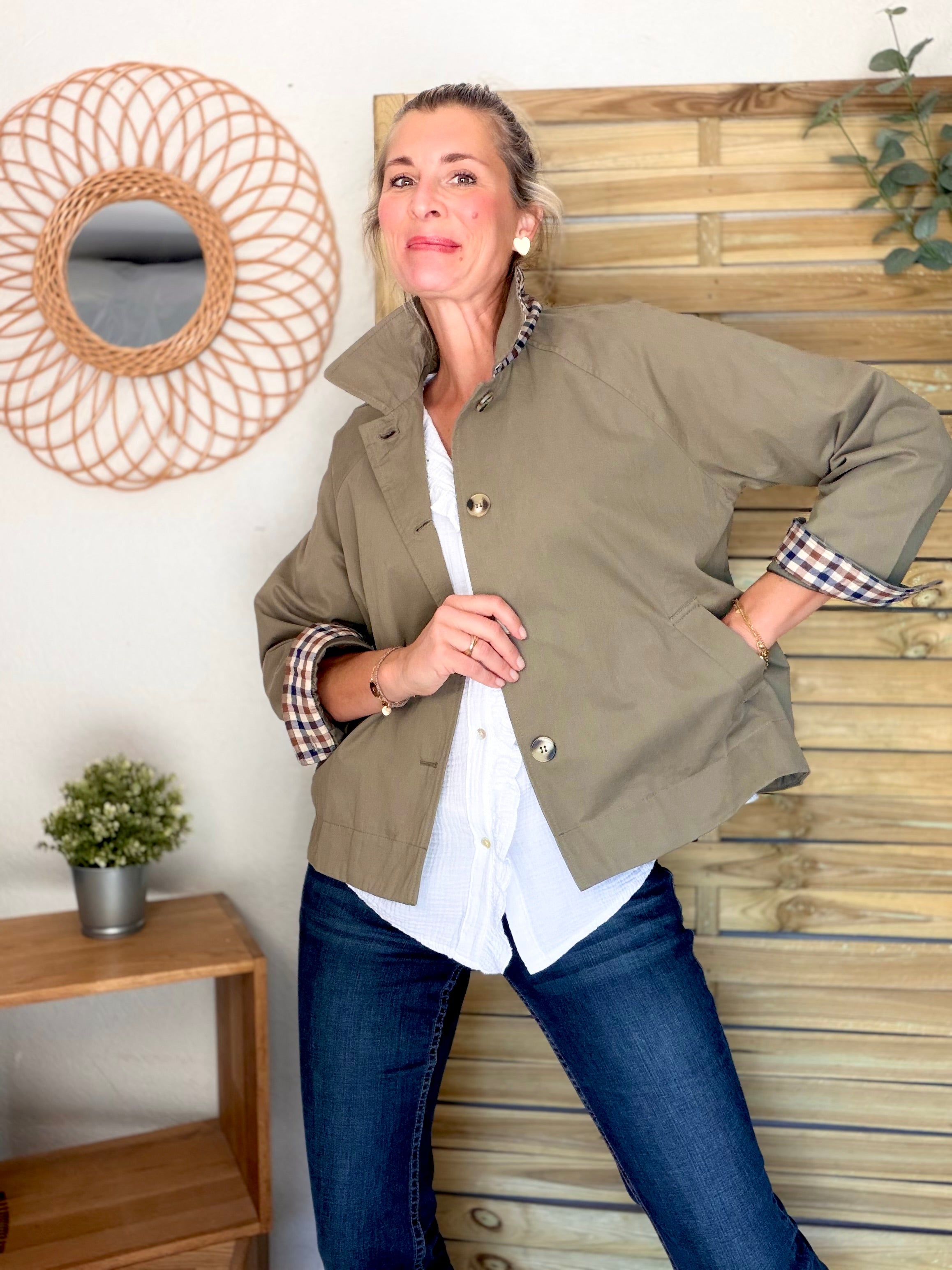 Veste Trench en coton avec carreaux - SOLÈNE Kaki