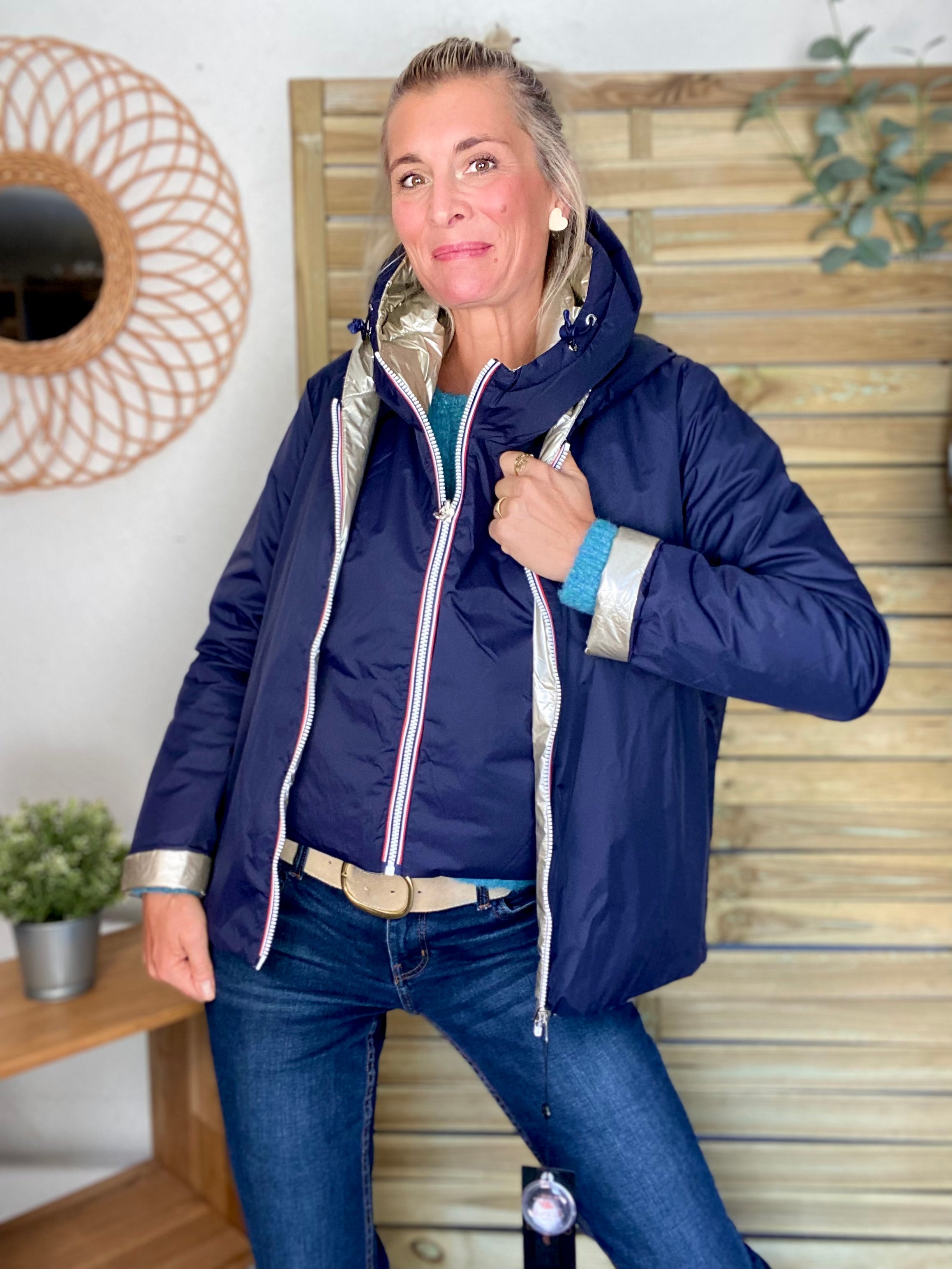 Col capuche amovible réversible  DANY - LAURA JO - Bleu Marine / Doré