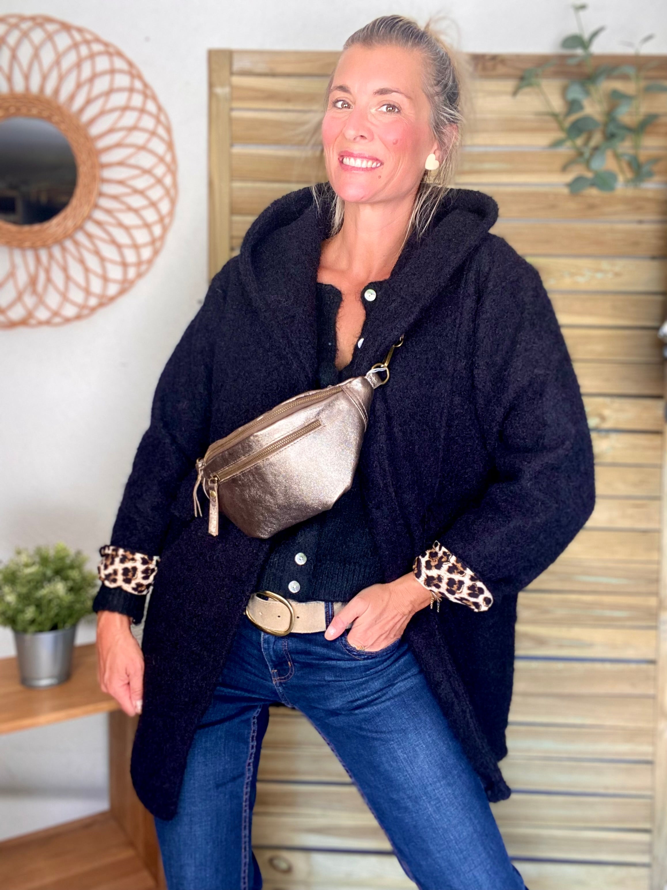 Manteau en laine EUGÉNIE avec détails Léo 🐆 - Noir