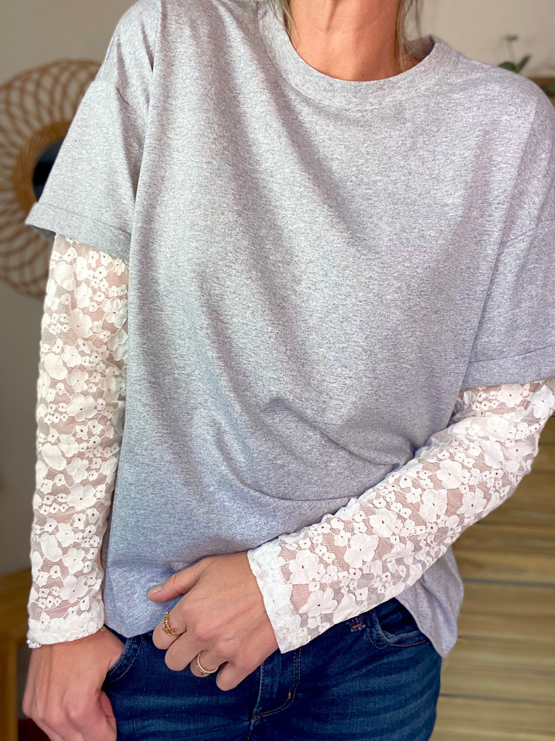 Tee shirt avec manches longues dentelle PAMELA - Gris