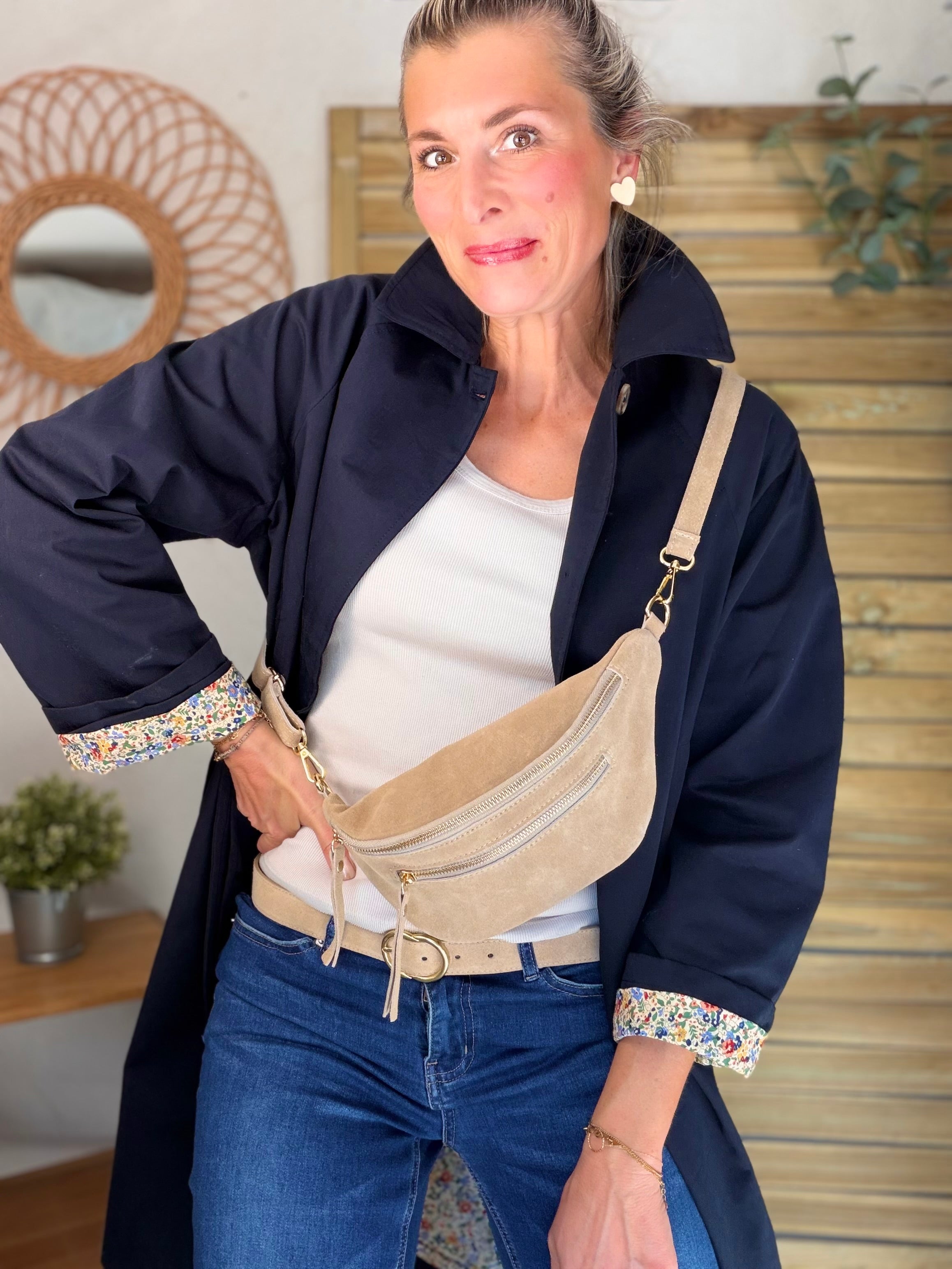 Veste Trench en coton Bleu marine avec Liberty - MAHAUT MI LONG - LILI et LALA (DÉSTOCKAGE sur Taille S)