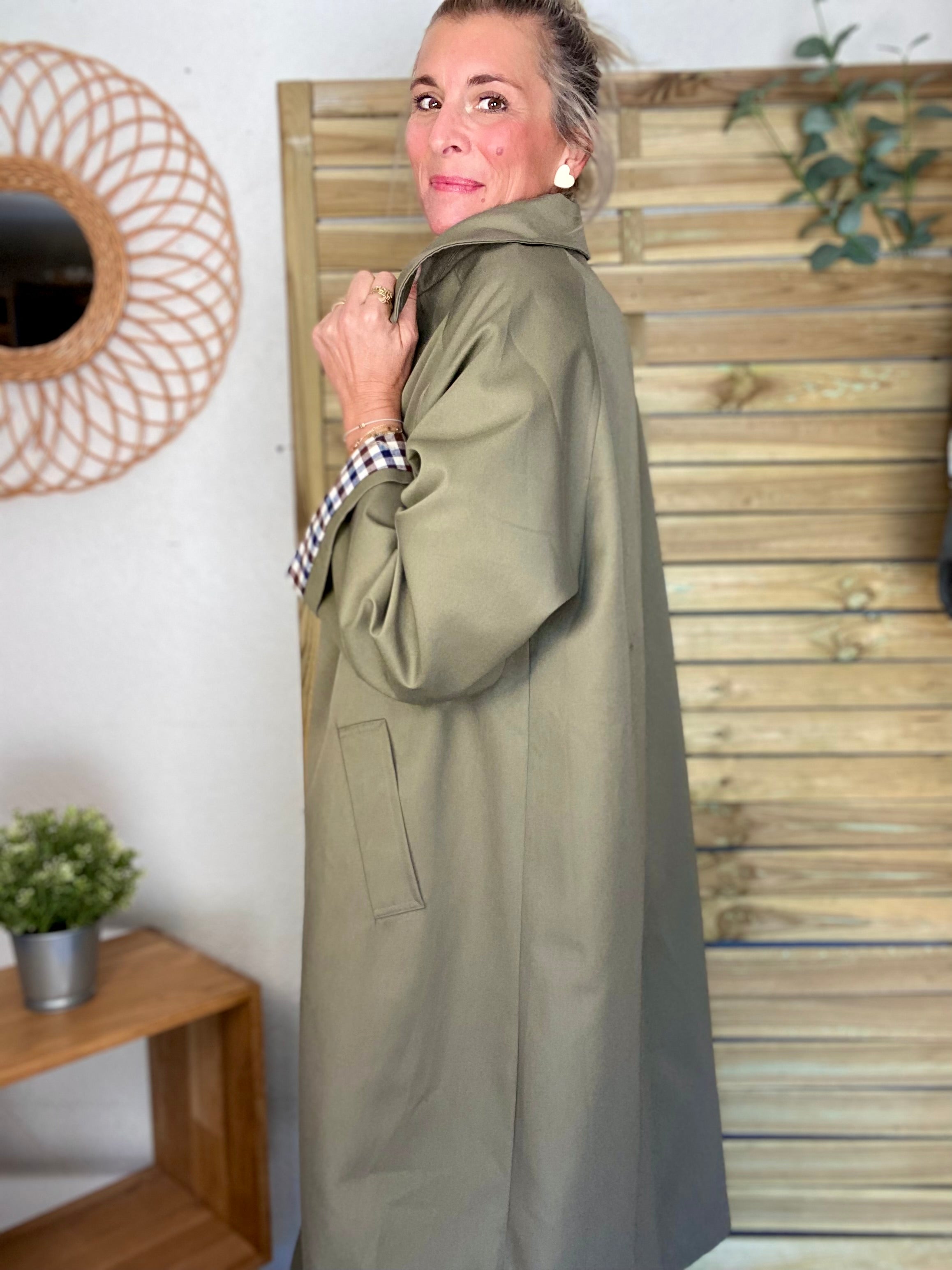Veste Trench en coton avec vichy - YSEULT long Kaki