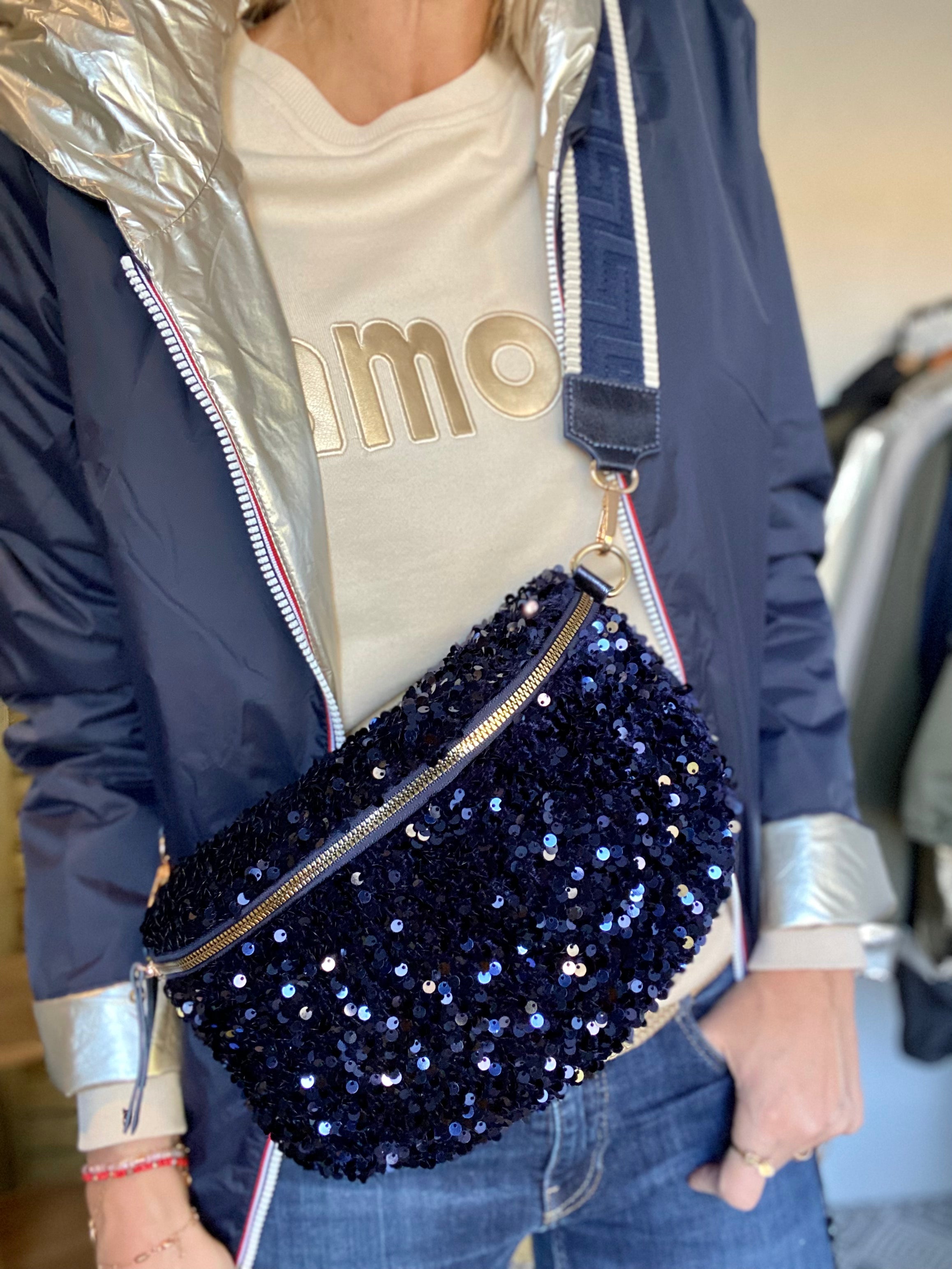 Sac banane L à sequins 30cm et sangle fantaisie - ROXY - Bleu marine