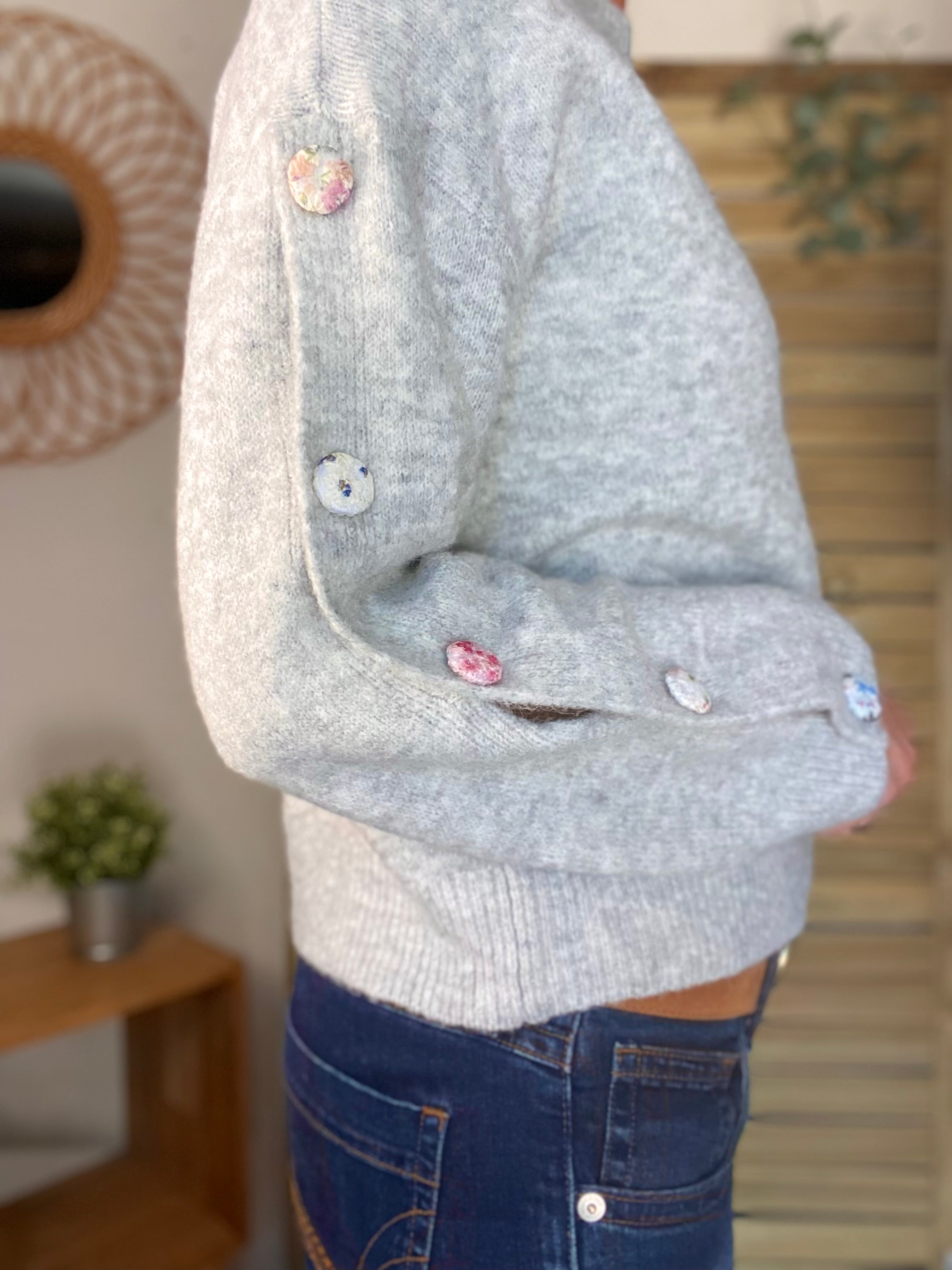 ⚡️ PÉPITES FRIDAY - Pull boutons tissu fleuri - Gris chiné - HAZEL
