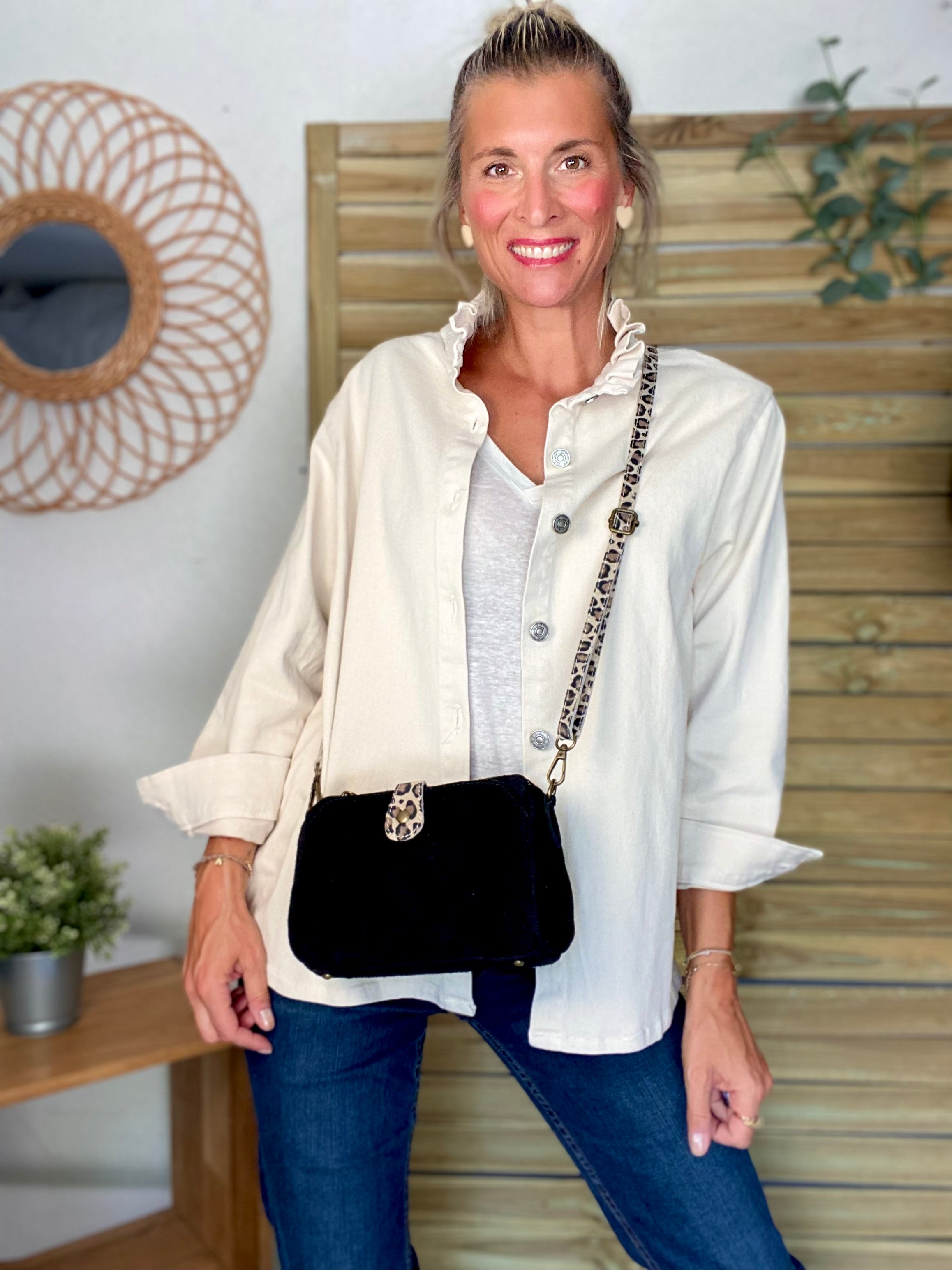 Sac bandoulière en cuir EZRA - Noir/léo