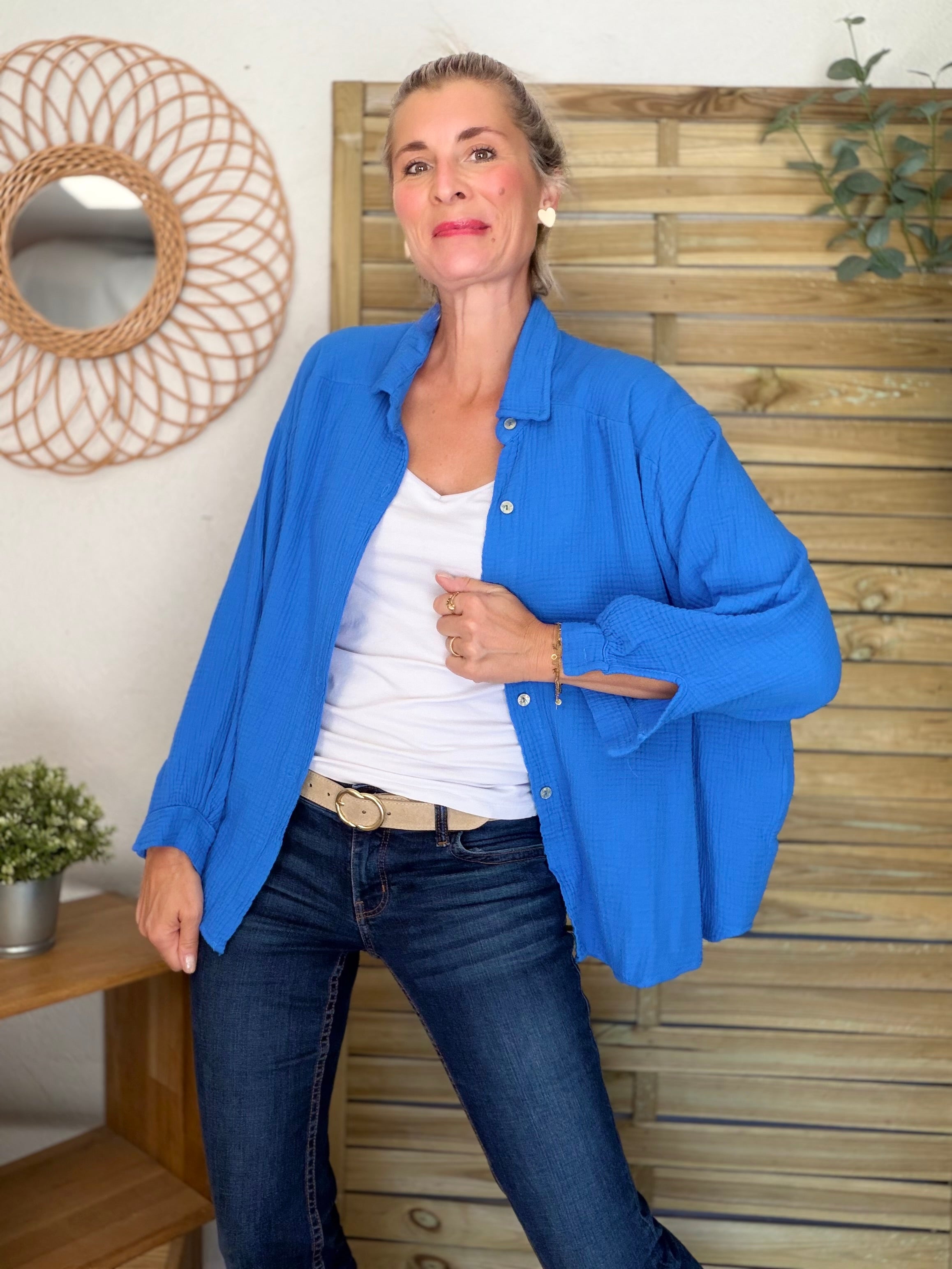 Chemise en gaze de coton unie FÉLICIA Bleu électrique